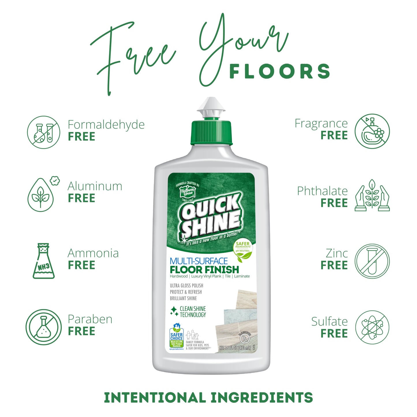 Quick Shine Multi Surface Floor Clean + Polish Mop Kit w/ 3 Reusable Pads & 1-16 oz. Floor Finish | Use Wet + Dry | Hardwood, Luxury Vinyl Plank, Laminate | Safer Choice pH Neutral Formula