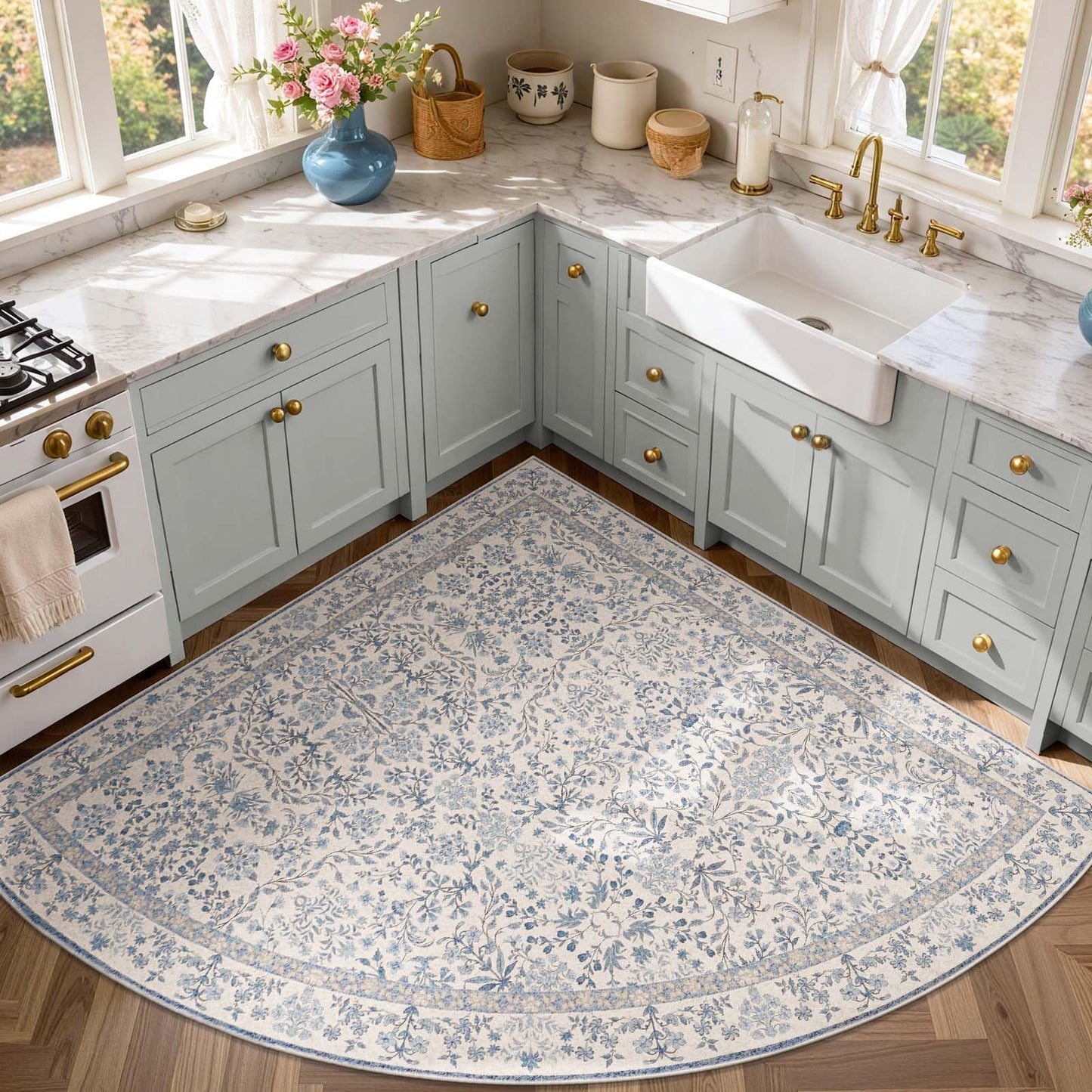 jinchan Zenith Corner Rug 6x6 Area Rug Floral Soft Aesthetic Rug Non-Slip Low Pile Machine Washable Carpet for Entryway Bedroom Kids Room Kitchen College Dorm Blue/Cream