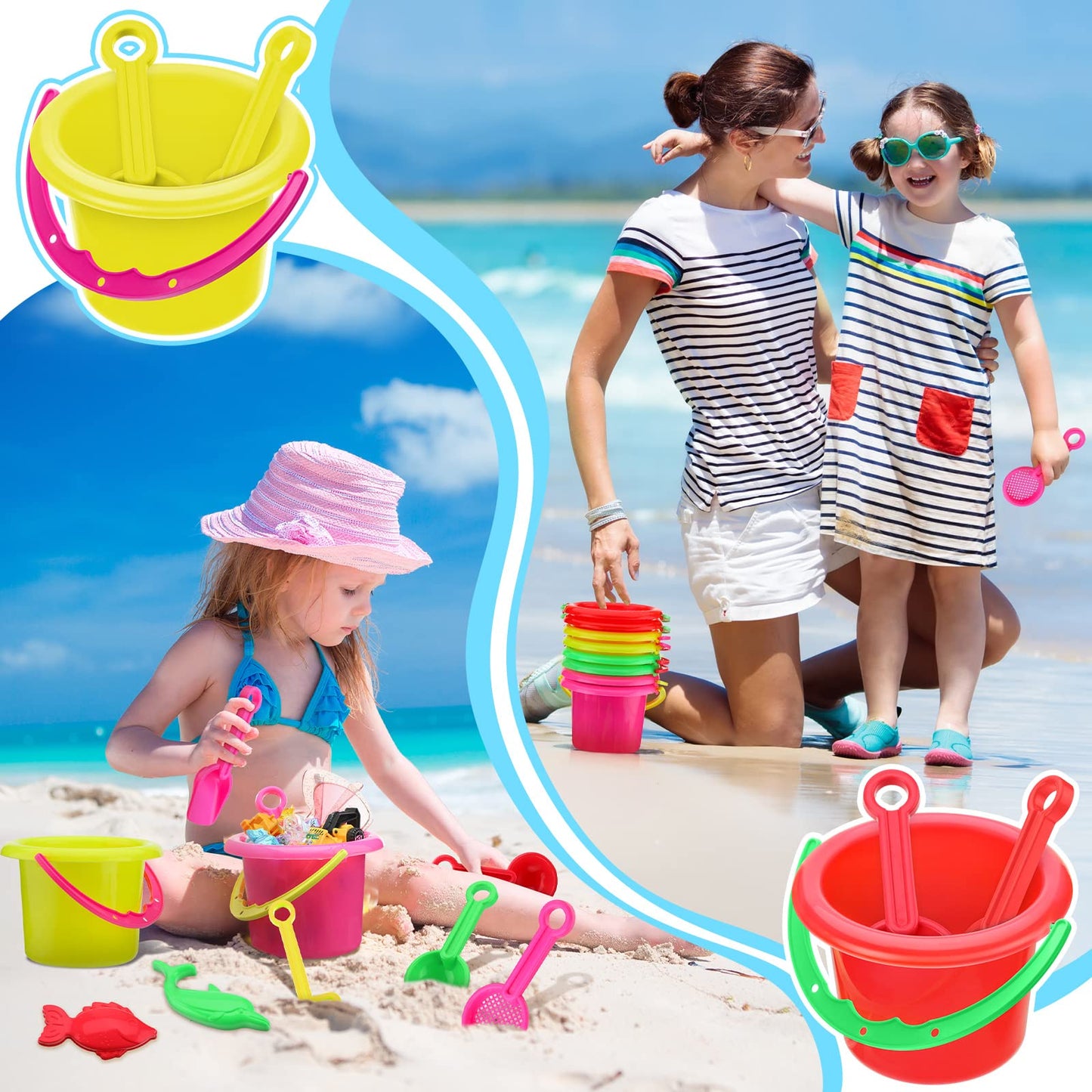 Jexine 96pcs Beach Party Favors for Kid 24 Set Sand Buckets and Shovels for Bucket Party Favor Sand Box Play Set and Mini Beach Pail Includes Shovel, Rake, Scoop Summer Outdoor Toys for Toddlers