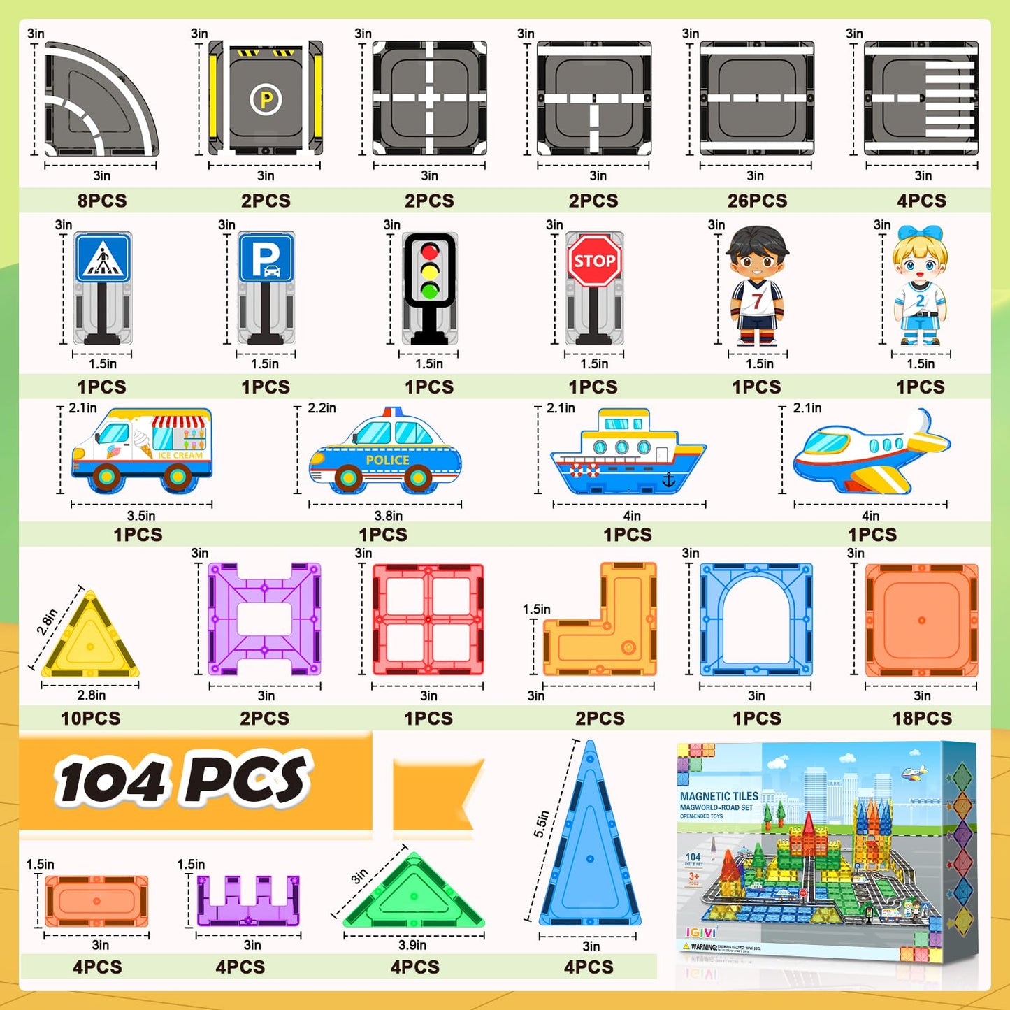 IGIVI 104 PCS Magnetic Tiles Road Set, STEM Magnet Building Blocks for Kids Toddler Toys Games, Christmas Birthday Gifts for 3+ Year Old Boys Girls, Car Enthusiasts and Classroom Must Haves