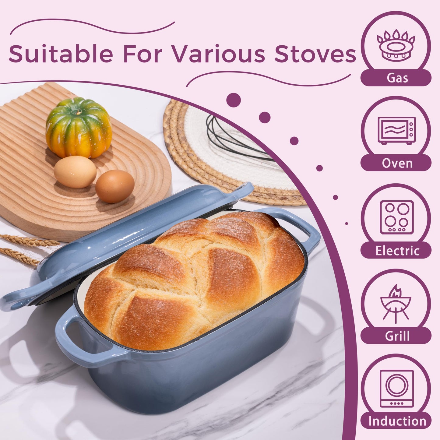 Vanderlume 4.6-Quart Oval Dutch Oven for Bread Baking, 2 in 1 Enameled Cast Iron Bread Pan with Lid, Sourdough Baking Pan for a Crispy Crust, Seasalt