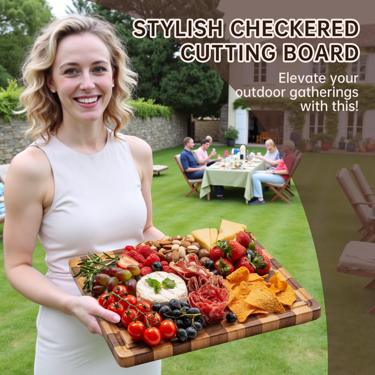 FYCTIO Cutting Board Set, Acacia Wood Checkered Cutting Boards for Kitchen, 3 pcs Chopping Board with Juice Grooves & Handles, Butcher Block Serving Tray for Meat, Vegetables and Fruits with Gift Box