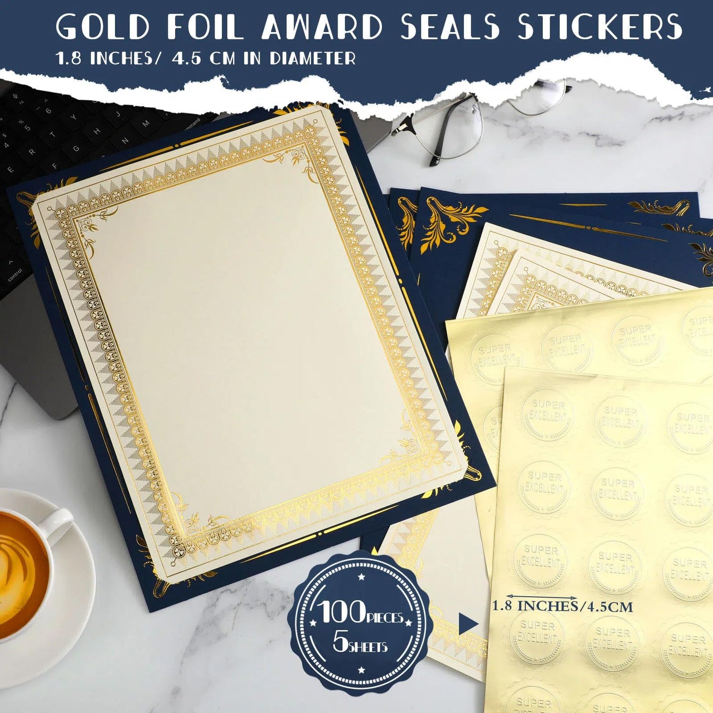 Fainne 100 Sets Certificate Paper Kit Single Sided Awards Holder with Foil Border for 8.5 X11 Certificate Covers Award Seals Stickers Diploma Covers (Navy Blue)