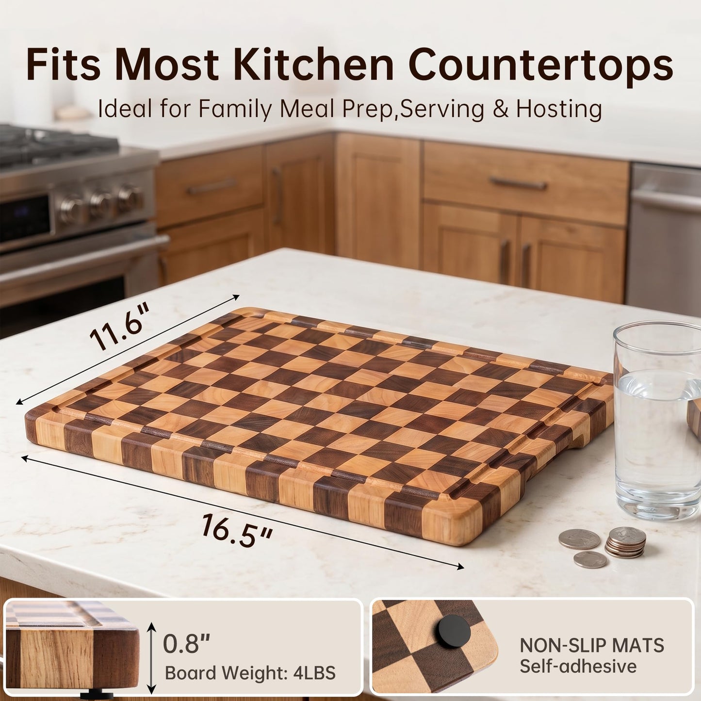 THETCHRY Cutting Boards for Kitchen, Checkered Cutting Board Upgraded, Acacia Wood Chopping Board with Juice Grooves & Handles, Large Butcher Block Serving Tray with Gift Box, 17"X12"X0.8"