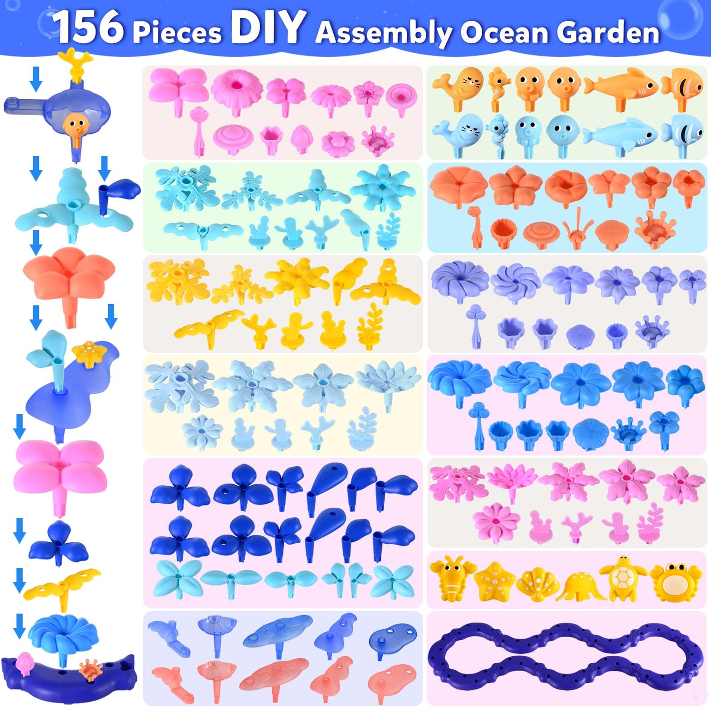 Doloowee 156 Pcs Flower Garden Building Toys for 3 4 5 6 7 8 Year Old Girls Sea Coral Stacking Toys Educational Toys for Toddlers