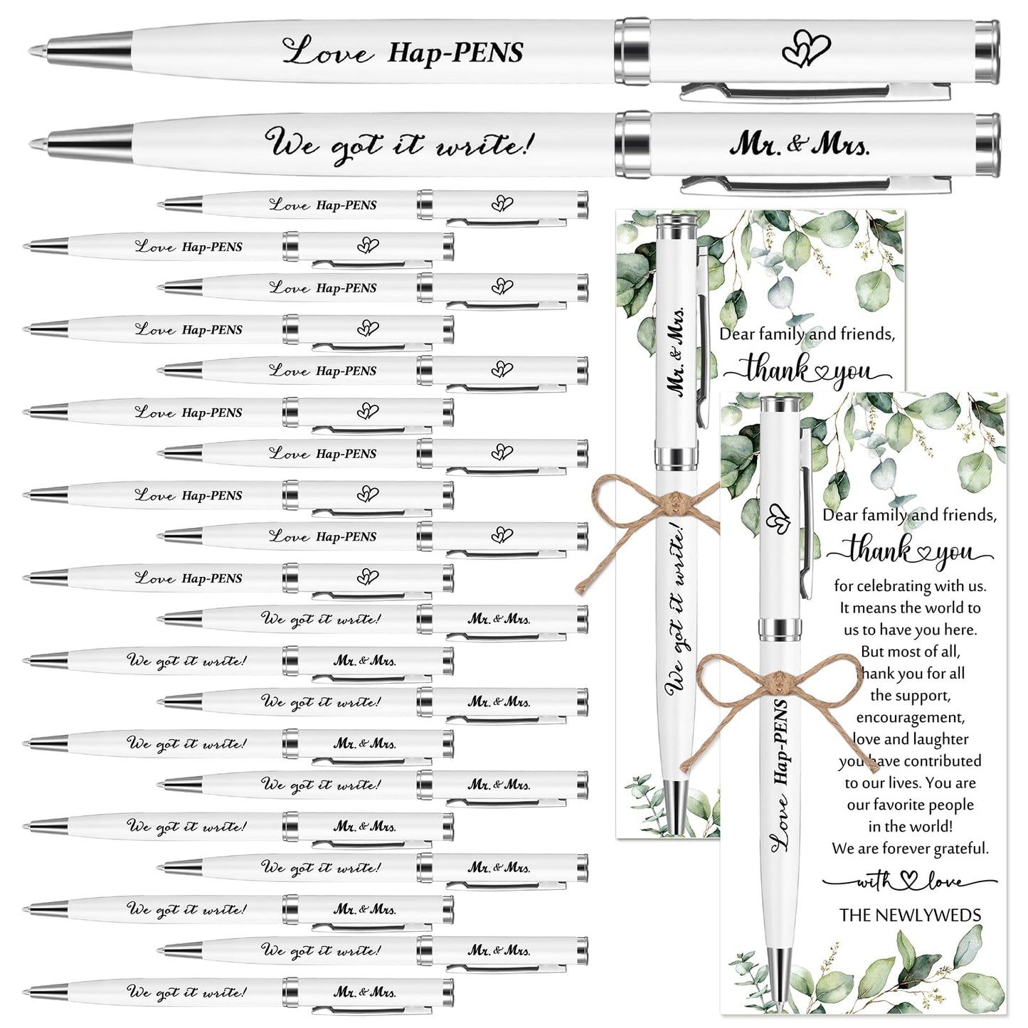 Affrolling 100 Sets Wedding Favors for Guests Bulk Retractable Ballpoint Pen Thank You Cards with Bridal Shower Gift for Guest Wedding Souvenirs Newlyweds Party Supplies (Leaf Style,Hemp Rope)