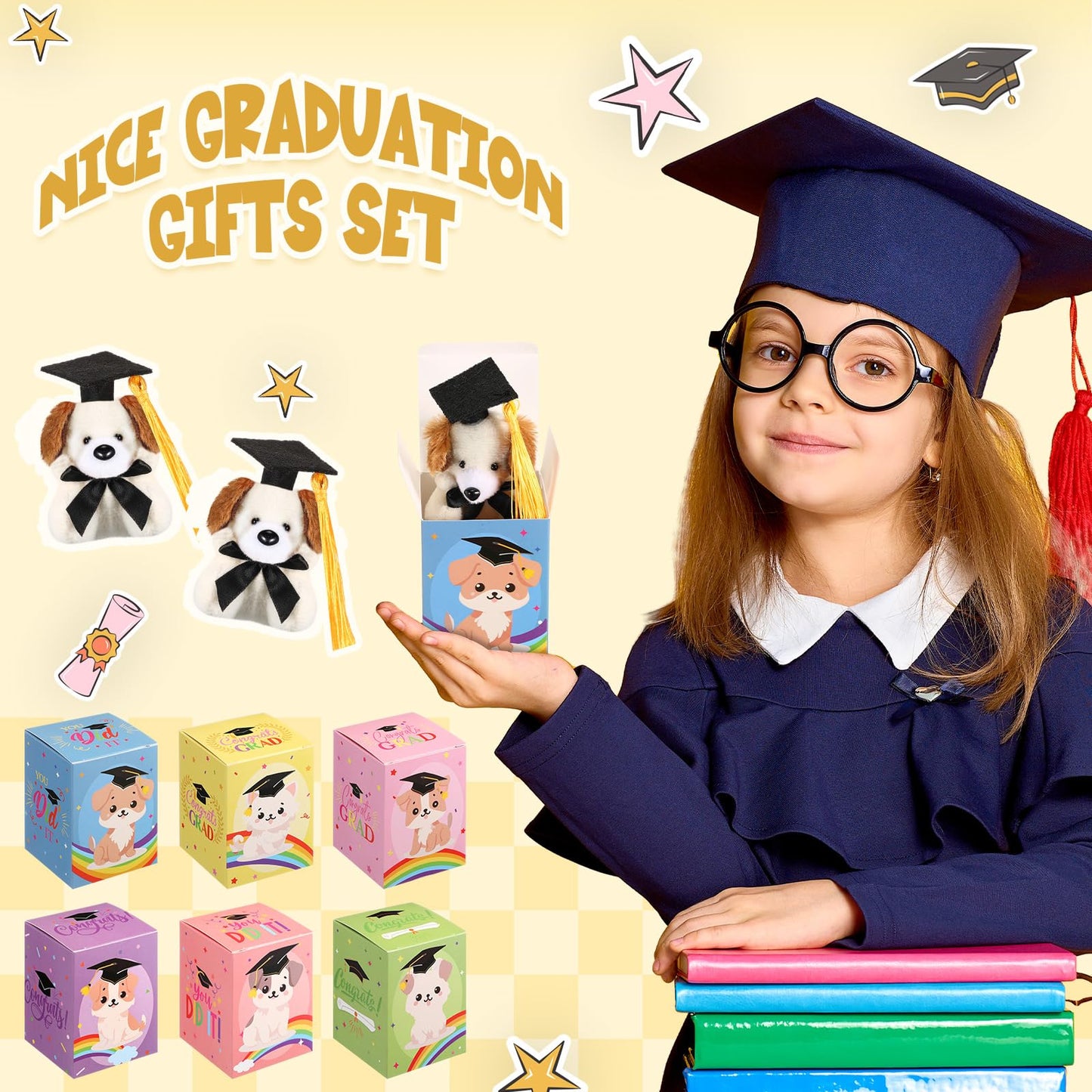 Trnayi 24 Set Mini Graduation Plush Dog with Graduation Gifts Box Graduation Stuffed Animal Keychain with Cap Gift Set for 2025 Graduation Party Graduation Decoration Classroom Exchange Gift