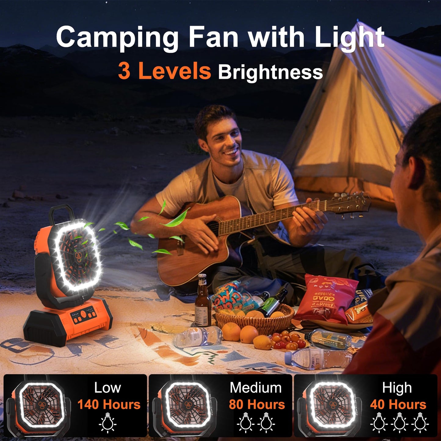 Honesorn Portable Rechargeable Fan 20000mAh, Camping Fan with LED Light & Remote, USB C Cordless Battery Powered, 4 Speeds Timer Hanging Hook for Travel Tent Outdoor Essentials - Orange