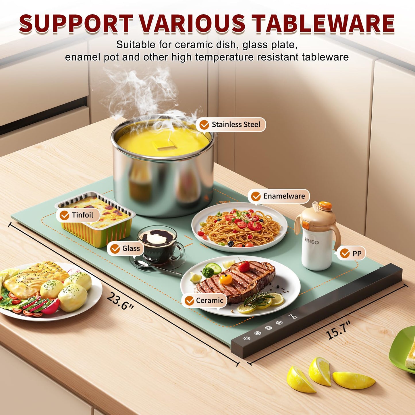 Warming Mat for Food - Full Surface Rapid Heating, Rollable & Portable Food Warmer Mat with 6 Temperature Settings and 1-4 hours adjustable Timer, Silicone Heating Mat for Party Buffet (Grayish green)