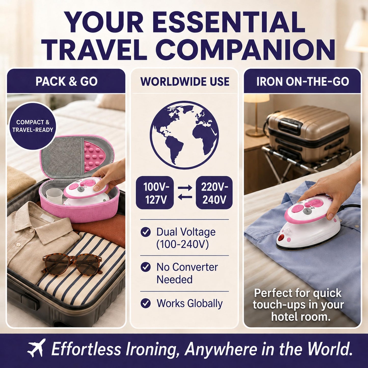 The Quilted Bear Premium Mini Steam Iron - Lightweight Mini Travel Iron for Effortless Quilting & Wrinkle-Free Clothes with Carry Case & Iron Rest Set - Travel Steamer for Clothes & Crafts (Pink)