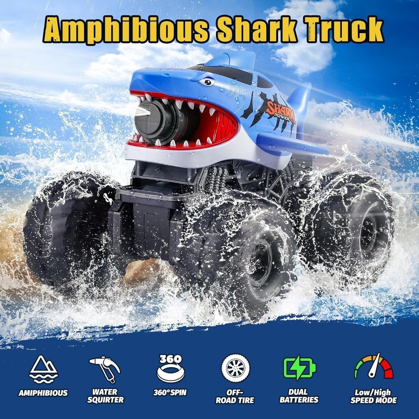 BOBXIN Amphibious Remote Control Shark Monster Truck with Water Squirt,4WD All-Terrain Off-Road 2.4Ghz Waterproof RC Stunt Car Pool Water Toys for Kids Age 6+