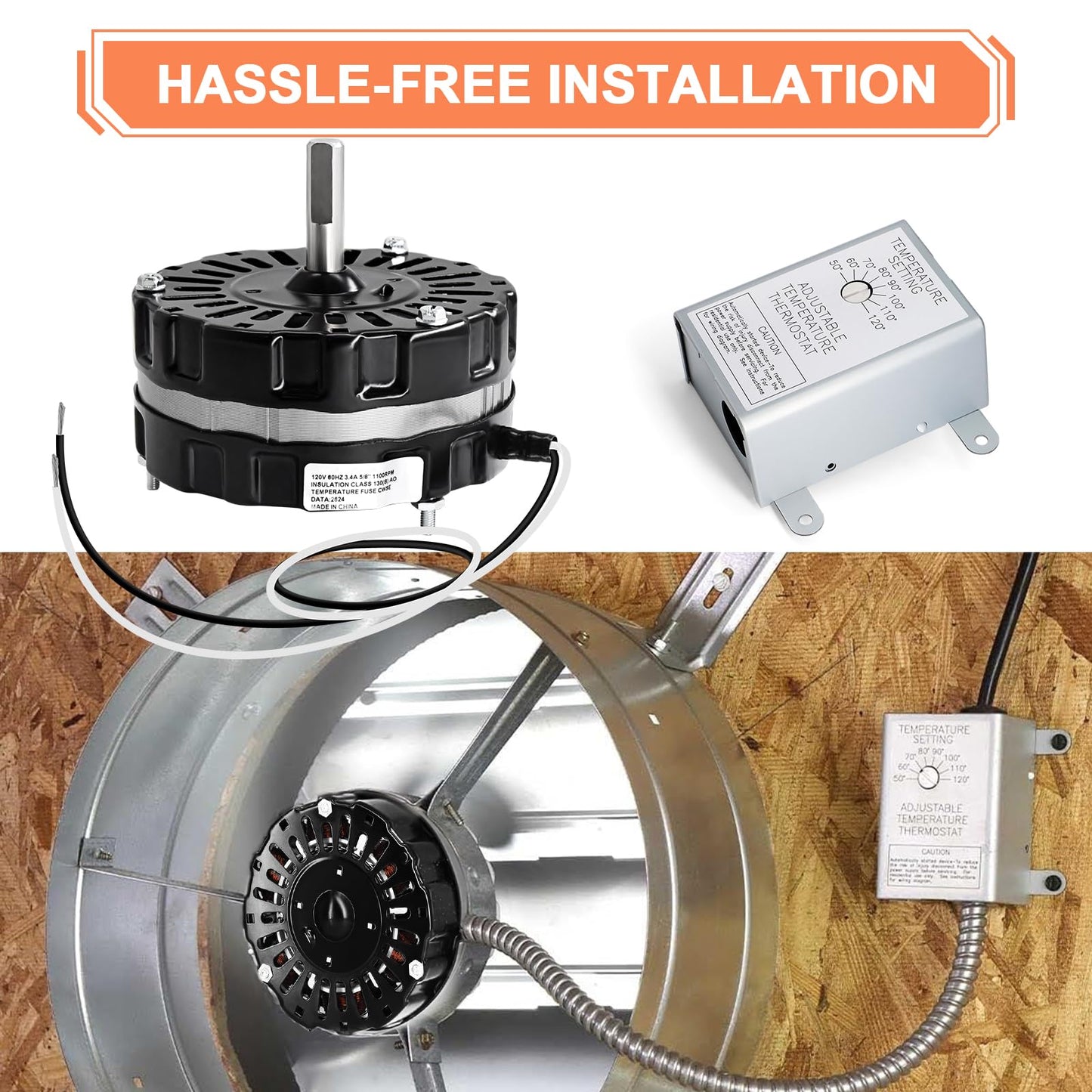 Hiorucet F0510B2944 Attic Fan Motor with 120V Adjustable Thermostat Switch for Power Attic Ventilators and Exhaust Fan, F0510B2497 F0510B2705 Motor for Lomanco 2000&1800, 58033 Temperature Controller.