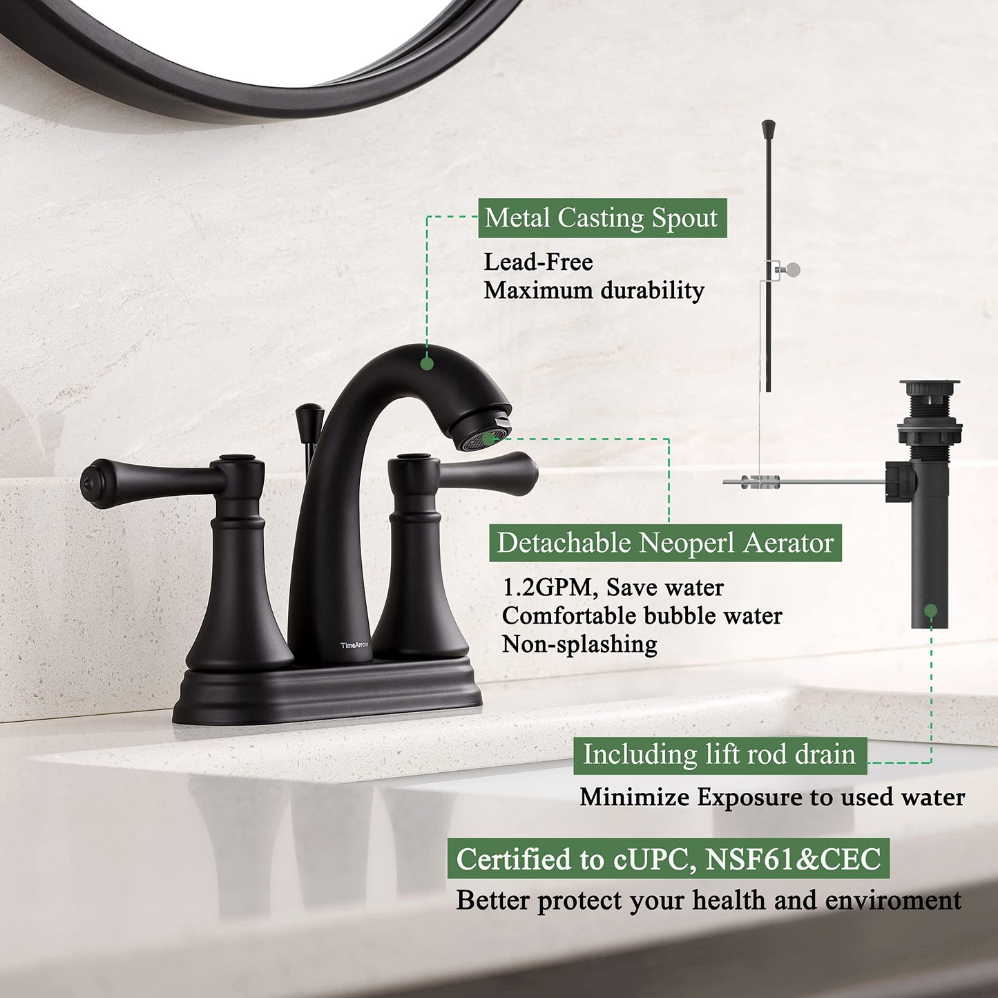 Matte Black 4 Inch Bathroom Sink Faucet 3 Hole, 2 Handle Centerset Bathroom Faucet with Metal Casting Spout, Modern RV Farmhouse Vanity Faucets, Include Drain with Overflow and Lift Rod, TAF410Y-MB