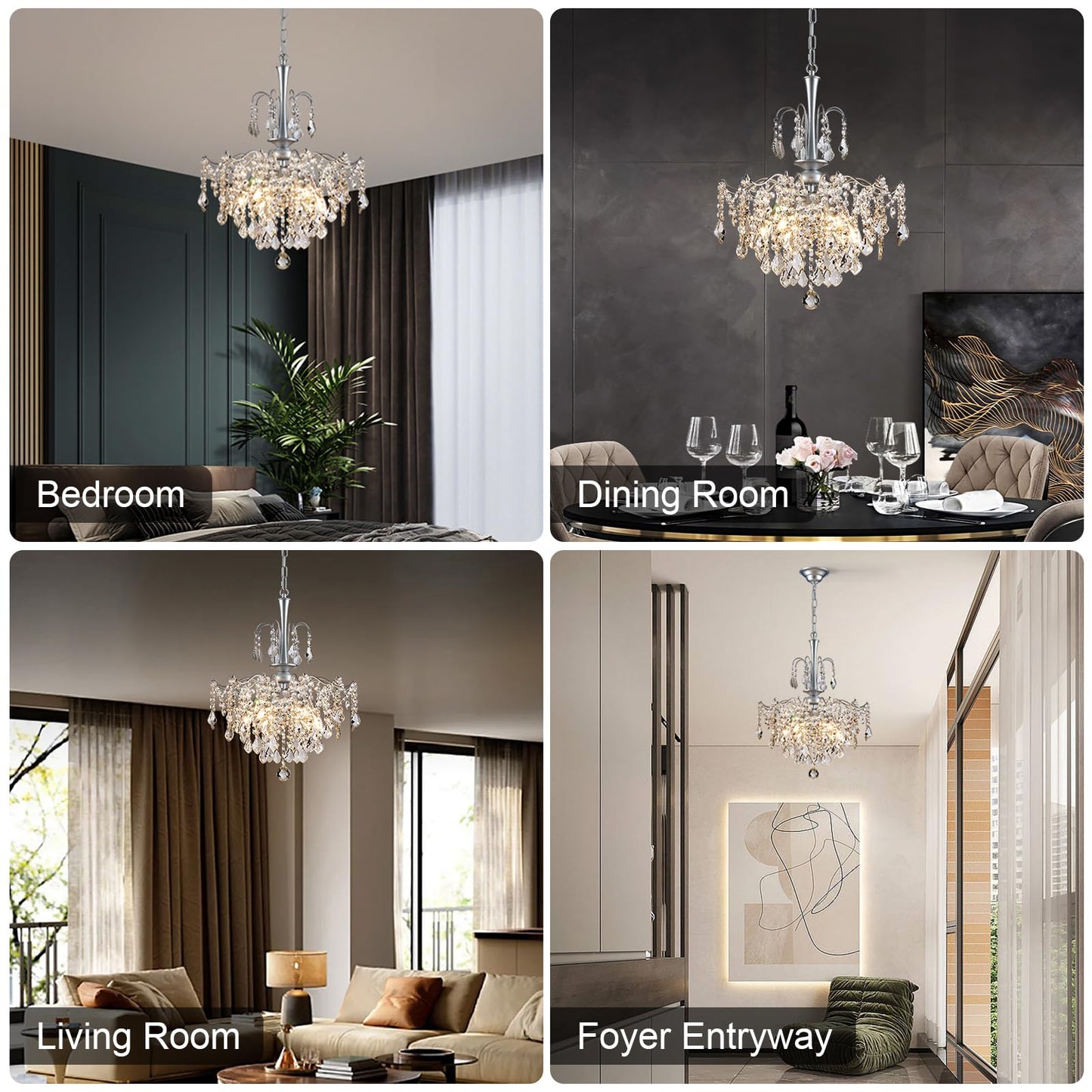 Uiimeces Modern Crystal Chandelier, Chrome Candle Chandeliers for Dining Room Lighting Fixtures Hanging, Kitchen Ceiling Hanging Pendant Light for Bedroom Living Room Kitchen Island Hallway