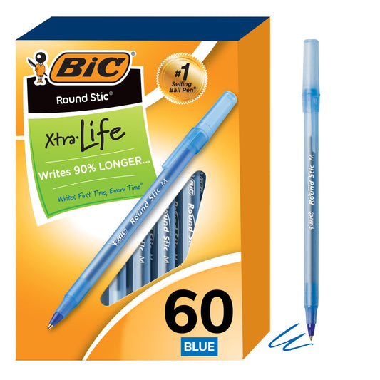 BIC Round Stic Xtra Life Ballpoint Pen, Medium Point (1.0mm), Blue, Flexible Round Barrel For Writing Comfort (Pack of 9, 540 Count Total)