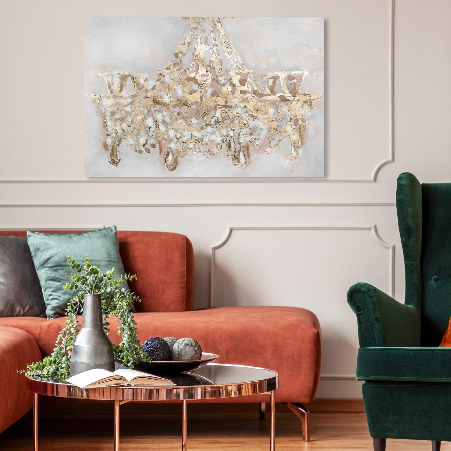 The Oliver Gal Artist Co. Fashion and Glam Wall Art Canvas Prints 'Candelabro' Chandeliers Home Décor, 24 in x 16 in, Gold, White