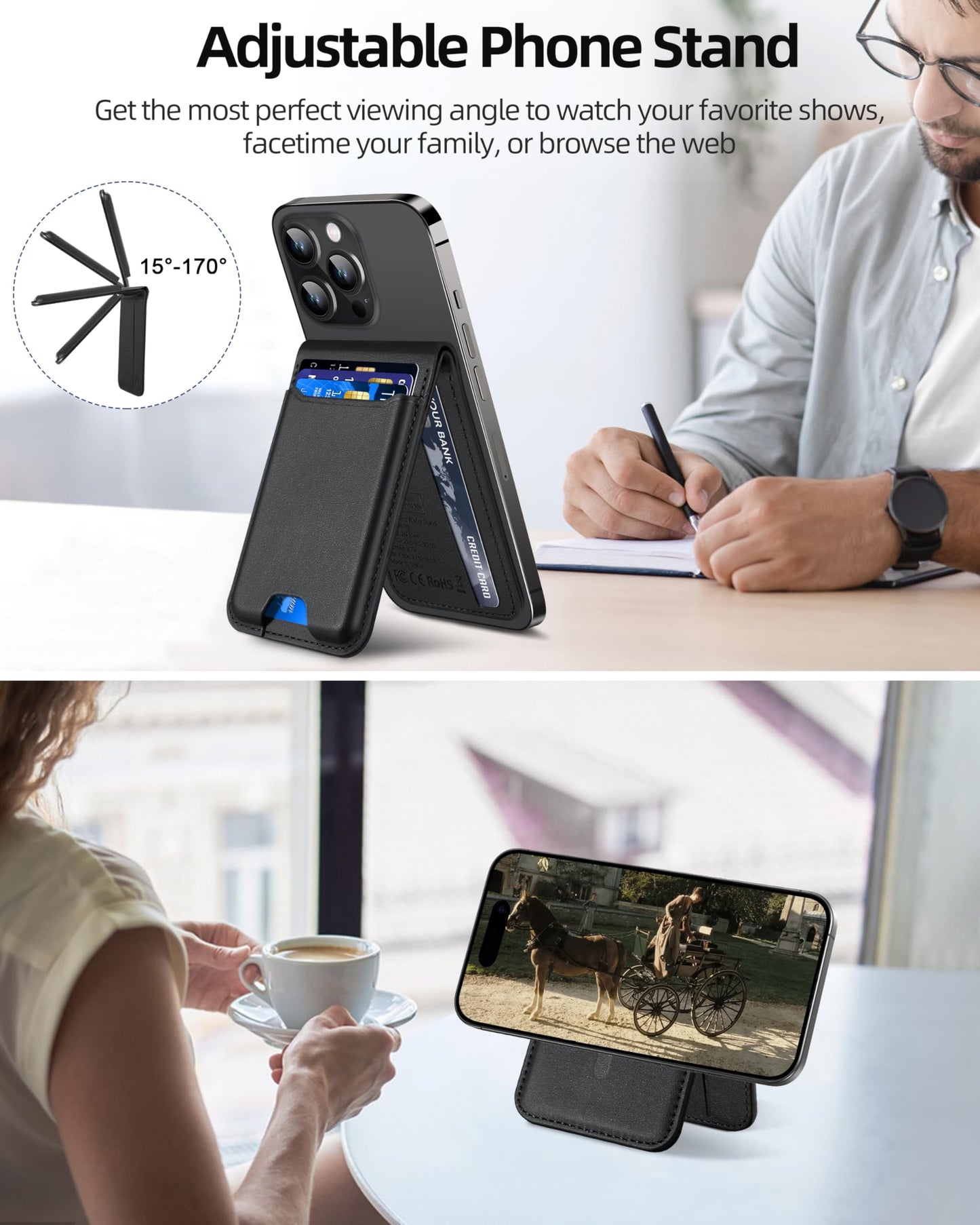 for Magsafe Wallet, Works with Apple Find My, Strongest Magnetic Wallet for iPhone 16/15/14/13/12 Series, for iPhone Wallet with Adjustable Stand, Wallet Tracker, 6 Cards Holder, Vegan Leather, Black