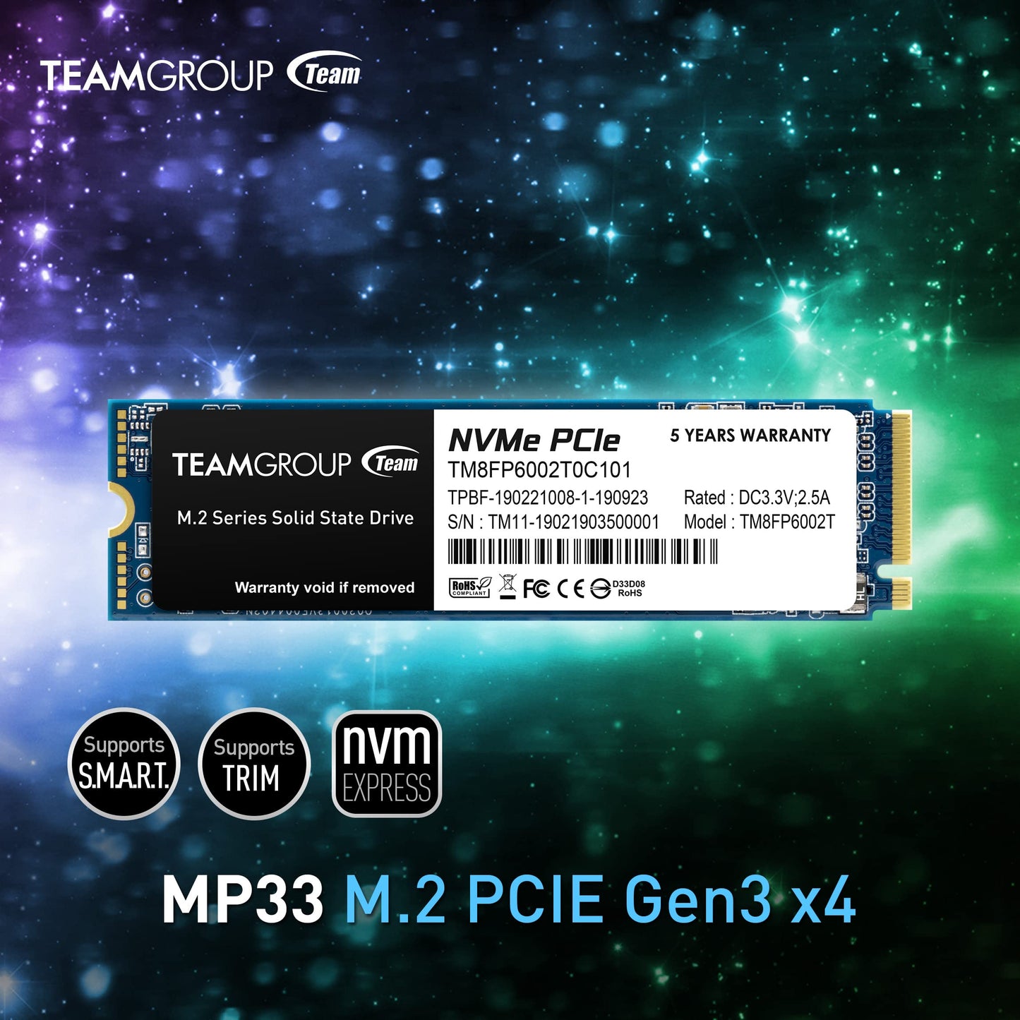 TEAMGROUP MP33 2TB SLC Cache 3D NAND TLC NVMe 1.3 PCIe Gen3x4 M.2 2280 Internal Solid State Drive SSD (Read/Write Speed up to 1,800/1,500 MB/s) Compatible with Laptop & PC Desktop TM8FP6002T0C101