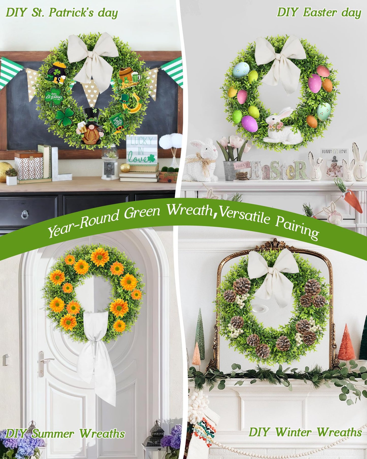 Petalyn 24 Inch Large Boxwood Wreath Spring Summer with Sash Artificial Green Wreaths for Front Door Farmhouse Wedding Window Hanging Wall All Year Round Indoor & Outdoor St Patrick's Day Decor