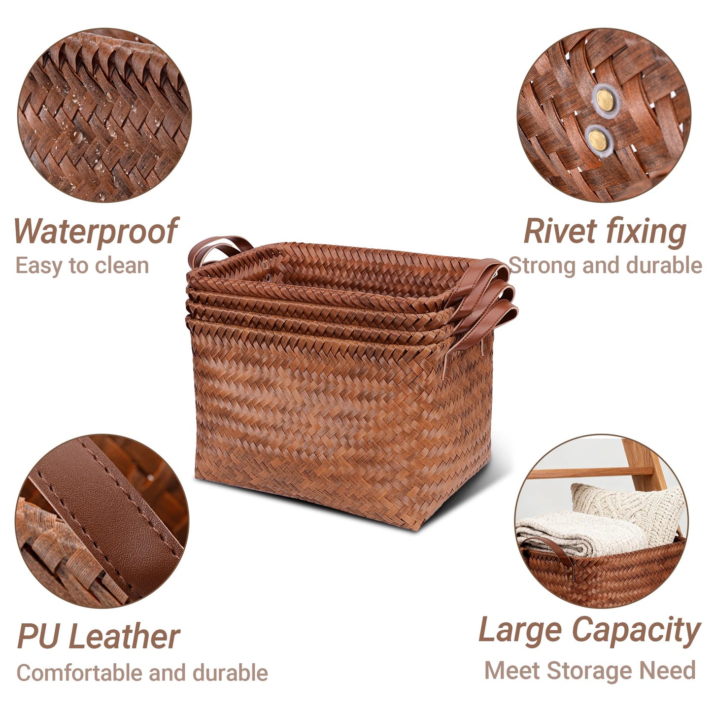 Stylave 15L Laundry Baskets Waterproof Storage Baskets For Shelves Large Laundry Hamper With Leather Handle -set of 4 Cube Organizers Woven Bins for Bathroom,Bedroom,Pantry,Clothes,Car & Towels-Brown