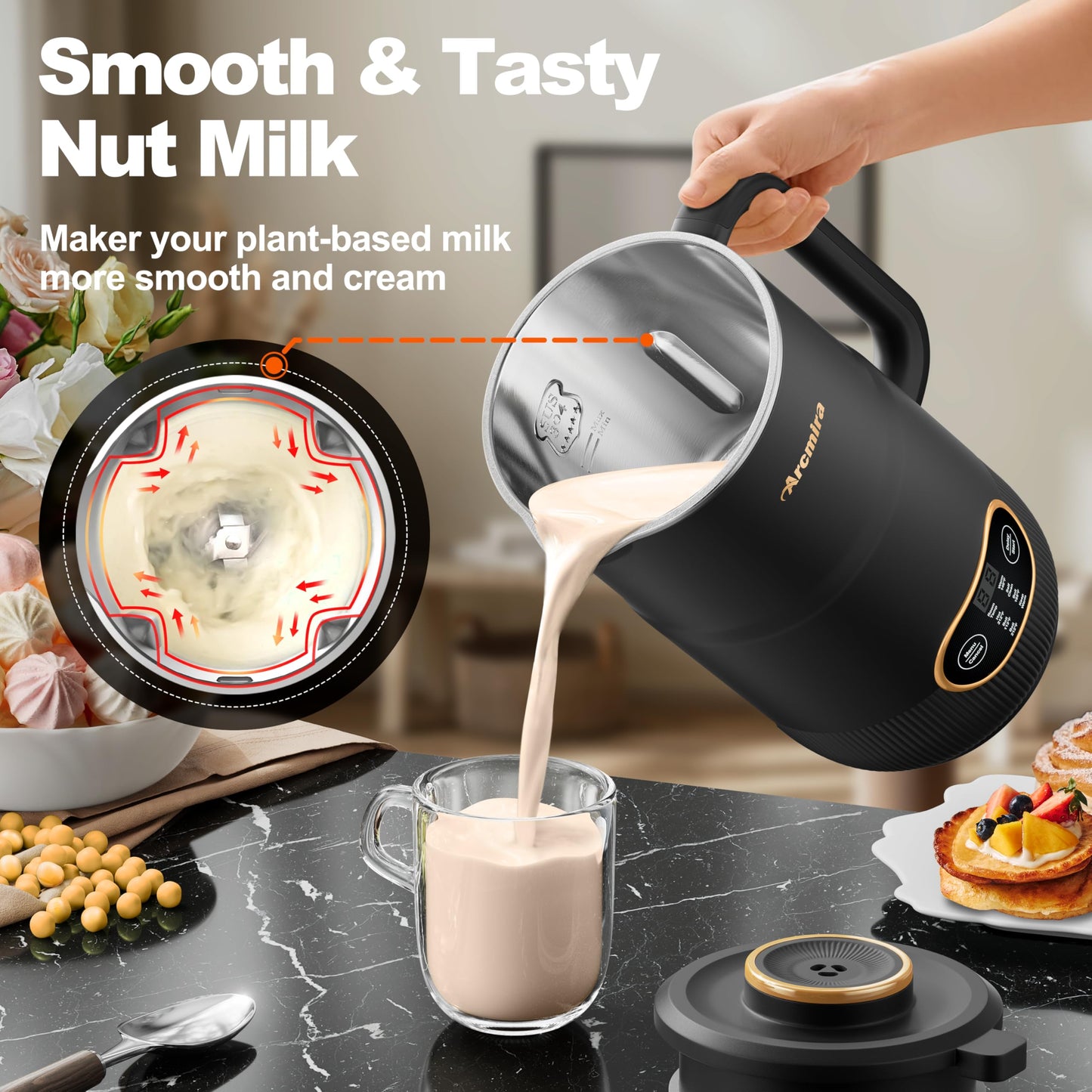 8 in 1 Nut Milk Maker, 8 Blade 35oz Homemade Almond, Oat, Coconut, Soy, Plant Based Milks and Non Dairy Beverages, Soy Milk Maker Machine with Delay Start/Keep Warm/Self-Cleaning/Boil Water