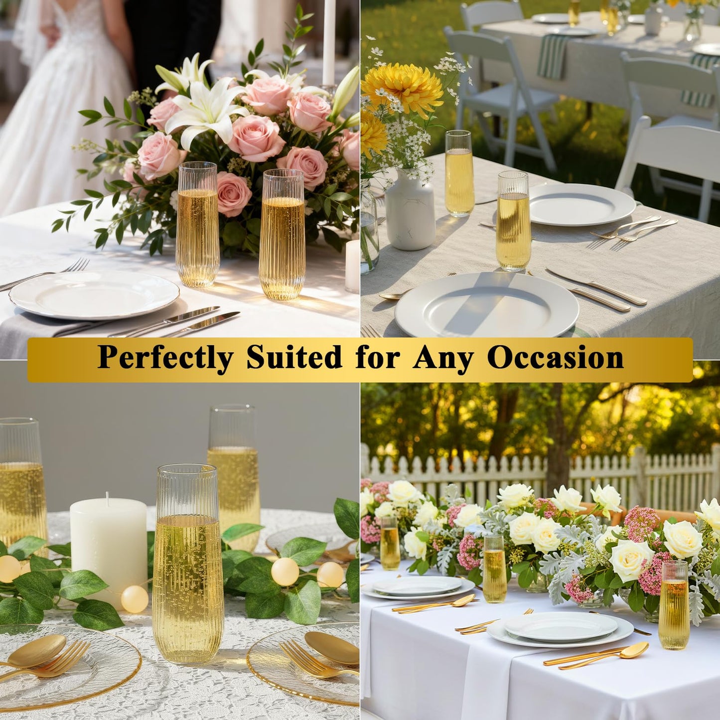 Goodluck 48pack Clear Disposable Champagne Flutes，9oz Stemless Champagne Flutes,Stemless Disposable Clear Plastic Toasting Glasses for Weddings, Birthday Parties, Family Gatherings, Bars
