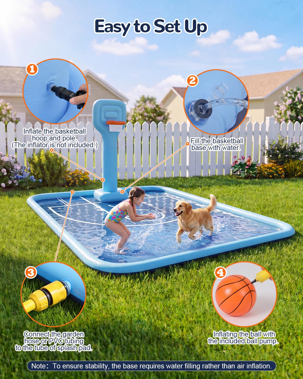 Qmioti 3-in-1 Splash Pad for Kids & Dogs, 138 x 118'' Large Sprinkler Pad with Basketball Hoop, Foldable Play Mat, Pool Summer Outdoor Water Toy