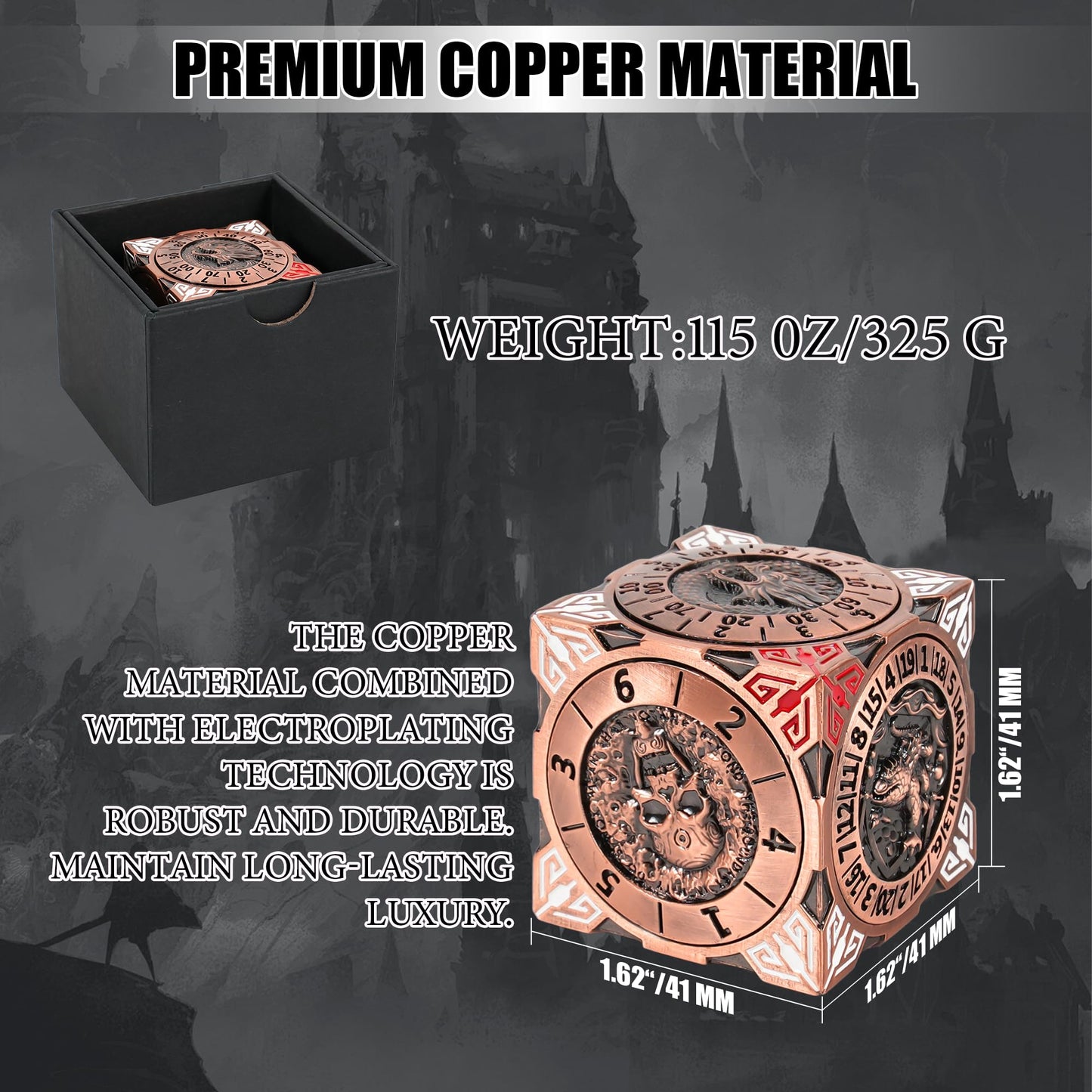 Froggod Roulette Dice Spinner 7-in-1 Metal DND Dice Set with 3D Relief – Mechanical DND Spinner for Dungeons and Dragons Gifts, DM & Players(Ancient Gold)
