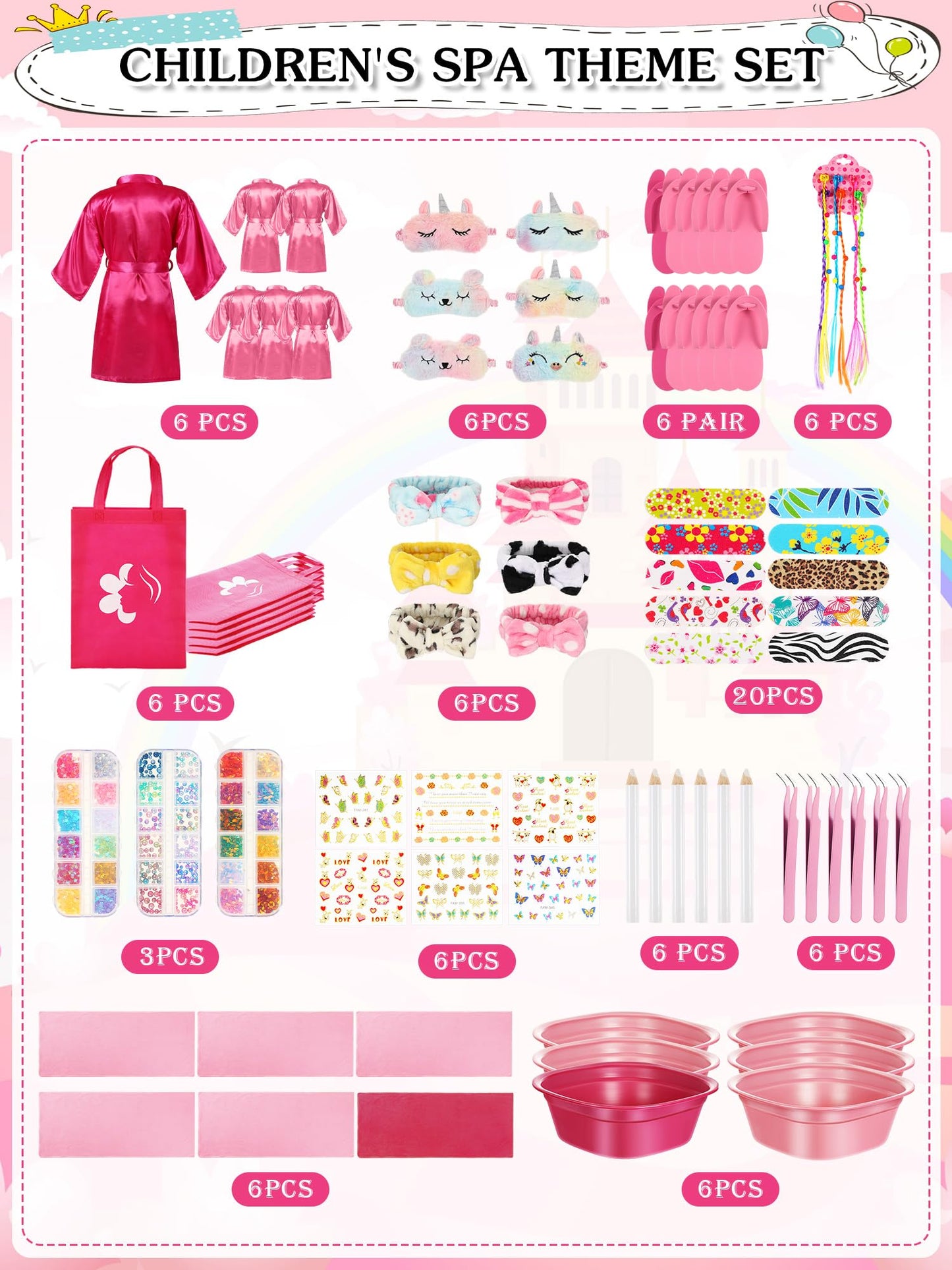 Suhine 6 Set Spa Party Supplies for Girls Kids 6 Satin Robes Spa Kit Sleepover Birthday Slumber Party Favors Nail Salon Pack(Pink, Rose Red)