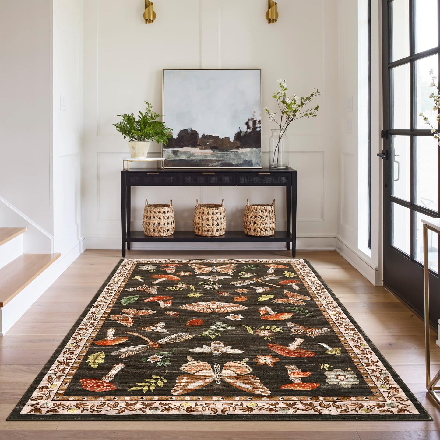ROYHOME Mushroom Washable Rug 5x7 Area Rugs for Living Room, Insect Print Rug for Bedroom, Non Slip Throw Carpet with Rubber Back, Soft Low Pile Dining Room, Brown