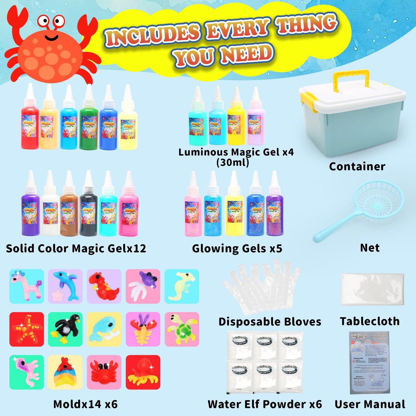 HunDun 21 Colors Magic Water Gel Kit for Kids, Water Gel Kit Pets,21 Gels & 14 Molds,DIY Squishy Toys Maker Set.Night Glow & Glitter, Birthday Gifts for Kids Toys 3+