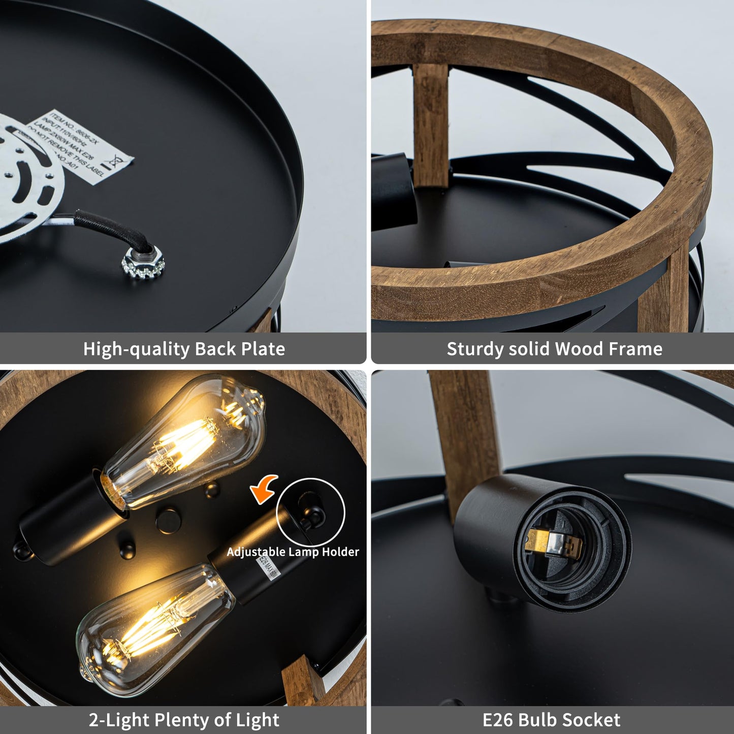 Lzglyptics Farmhouse Ceiling Light, 2-Light Round Flush Mount Ceiling Light with Wood and Metal Frame, Black Rustic Light Fixture for Hallway, Entryway, Bedroom, Kitchen
