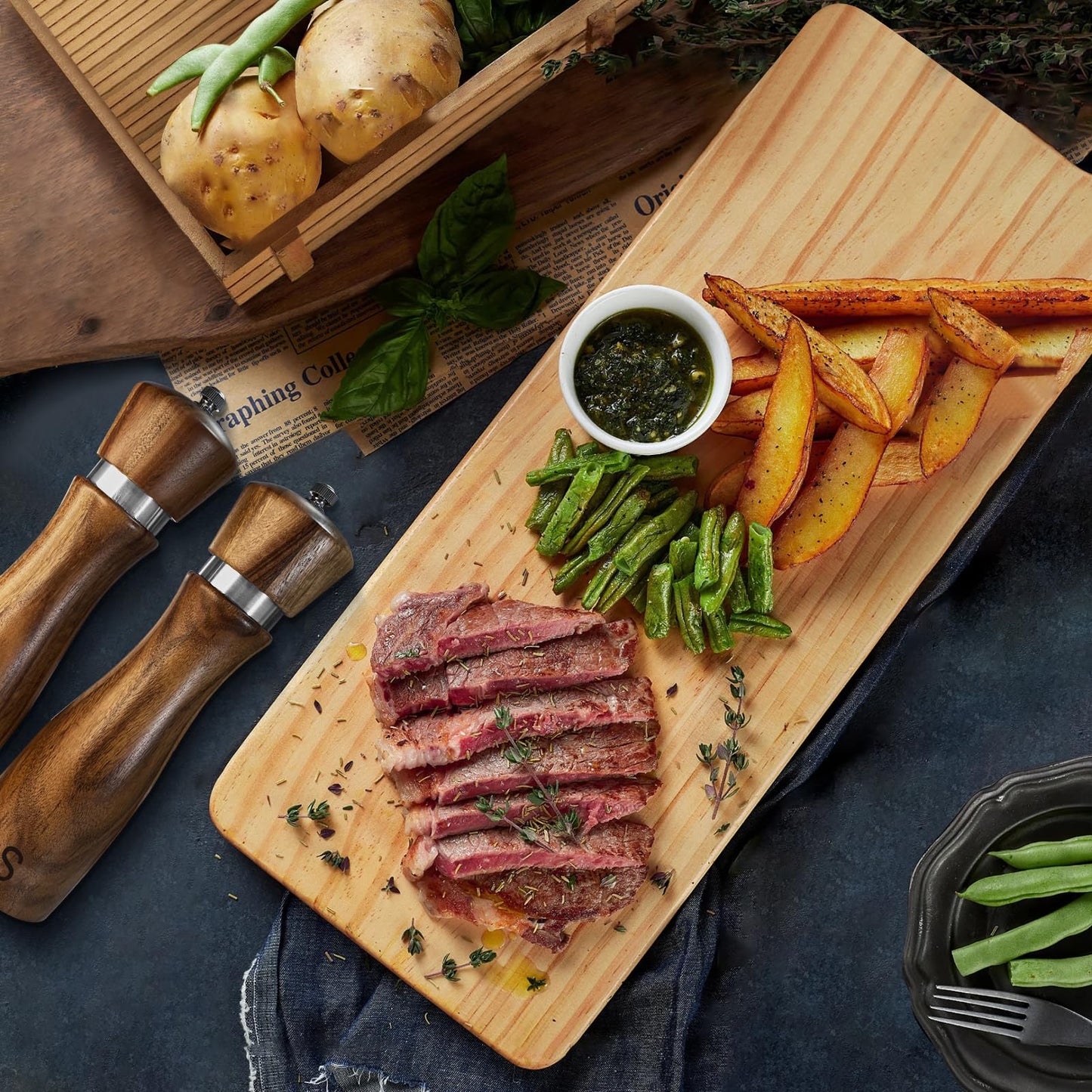 Wooden Salt and Pepper Grinder Set:Pepper Grinder Manual,Adjustable Coarseness,Crafted of Acacia Wood with Ceramic/Stainless Steel Core|Along with Salt&Pepper Mill Tray,Spoon,8in,2pack