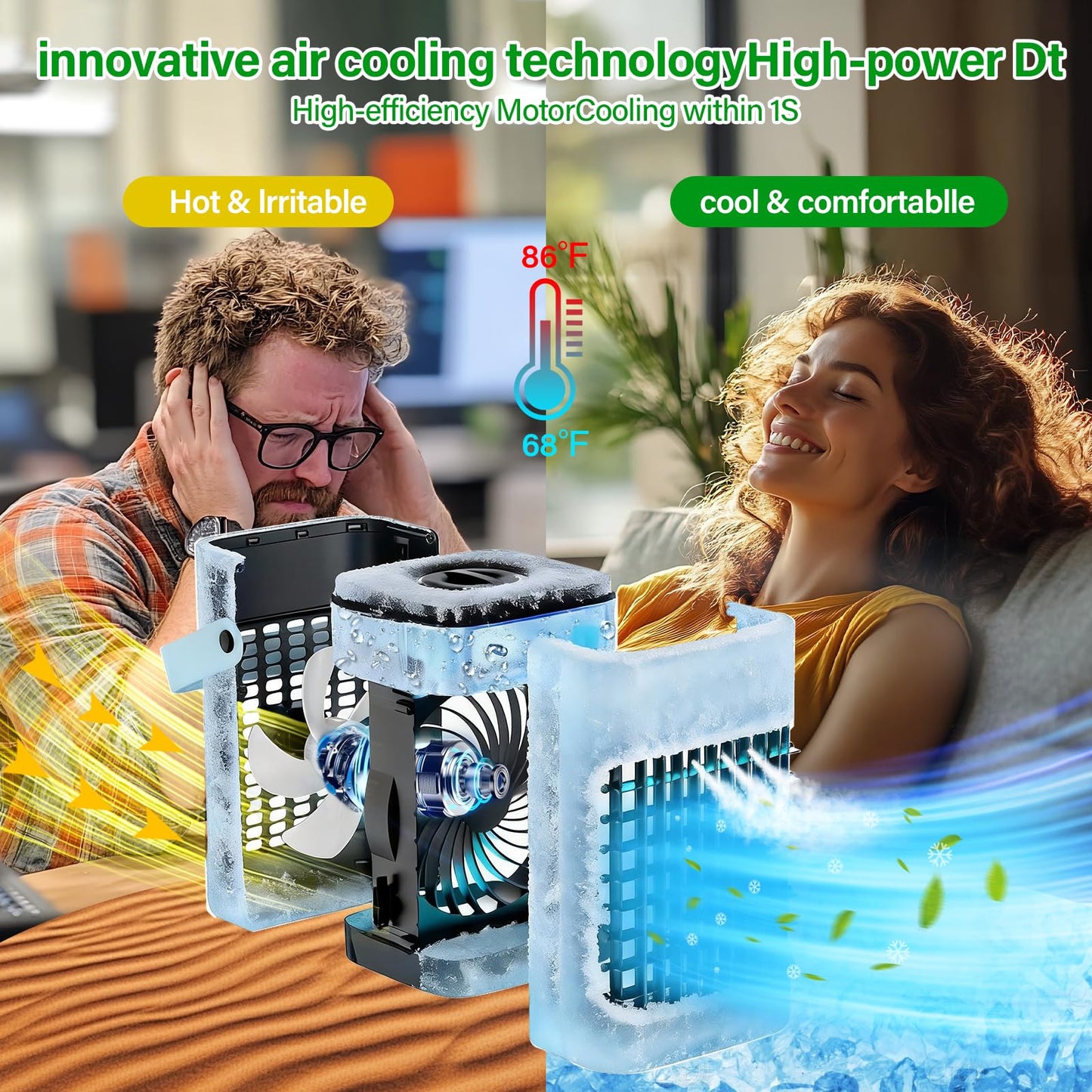 Portable Air Conditioner Cooling Fan with Remote, Quiet with 3 Speeds, 1200ml Personal Air Cooler Fan with 3 Mist, 7 Night Light, 8H Timer, Small Air Conditioner for Bedroom Office (White)