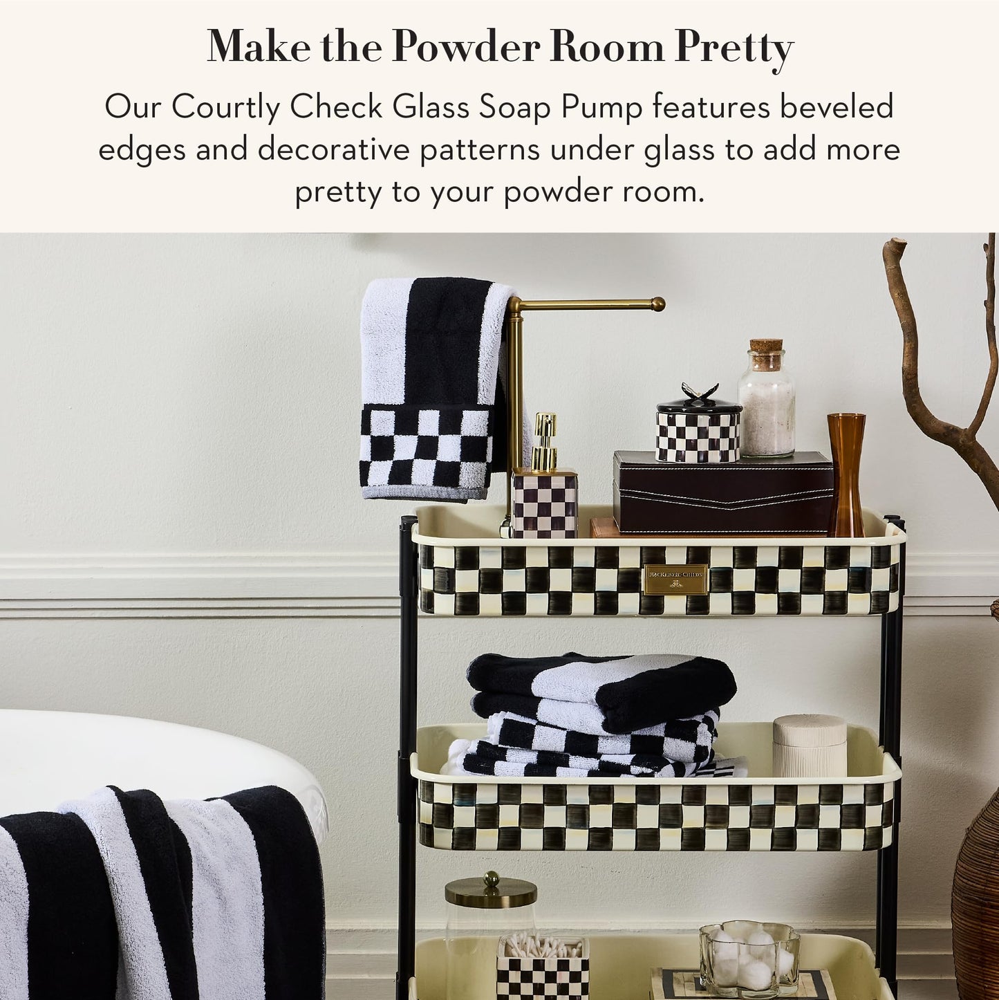 MACKENZIE-CHILDS Glass Soap Pump, Liquid Soap Dispenser, Black-and-White Courtly Check
