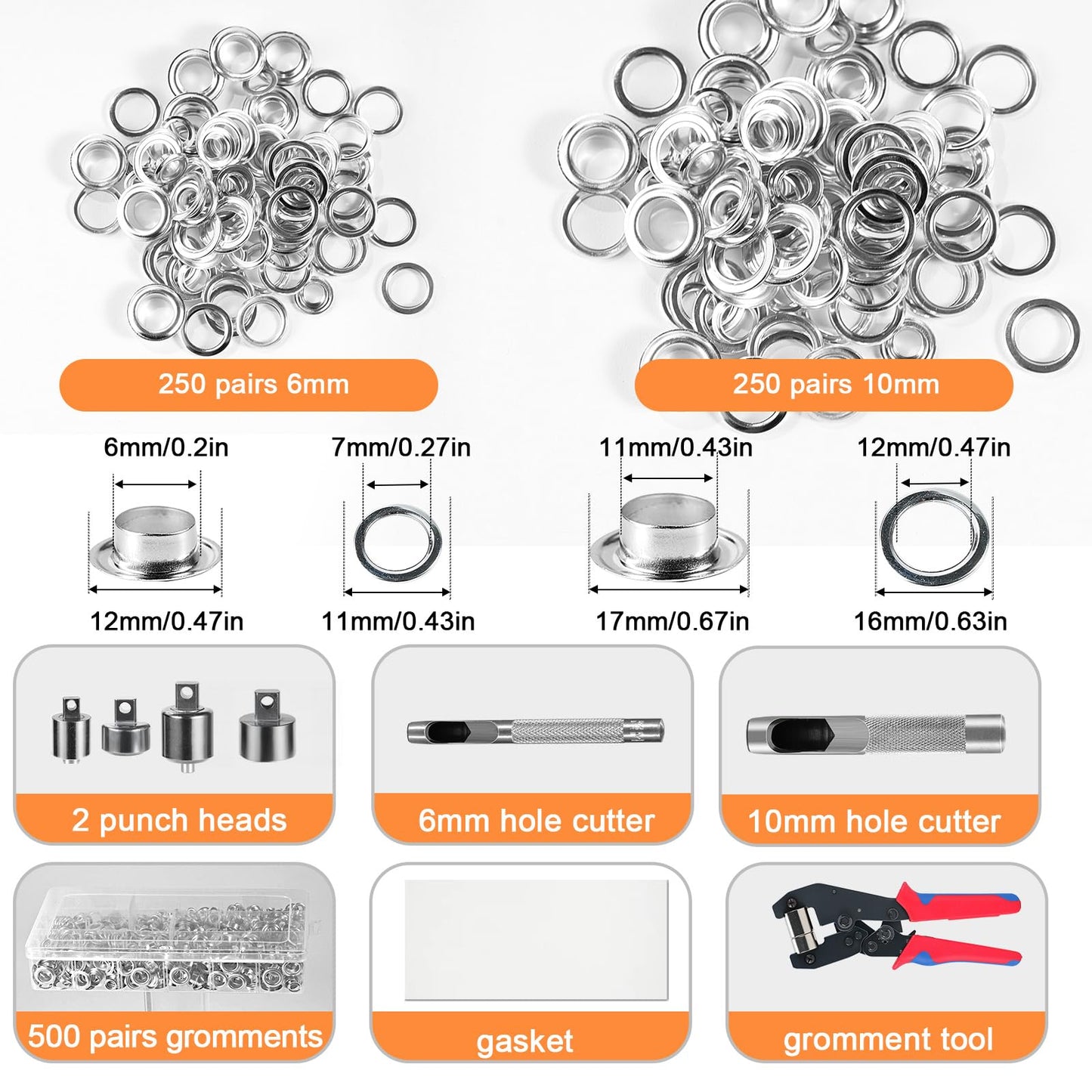 Heavy Duty Ratchet Grommet Tool Kit with 500 Pairs 6mm and 10mm Grommet Kit, Amliber Interchangeable Head Grommet Press with Silver Eyelets and Grommets for Fabric, Tarp, Leather
