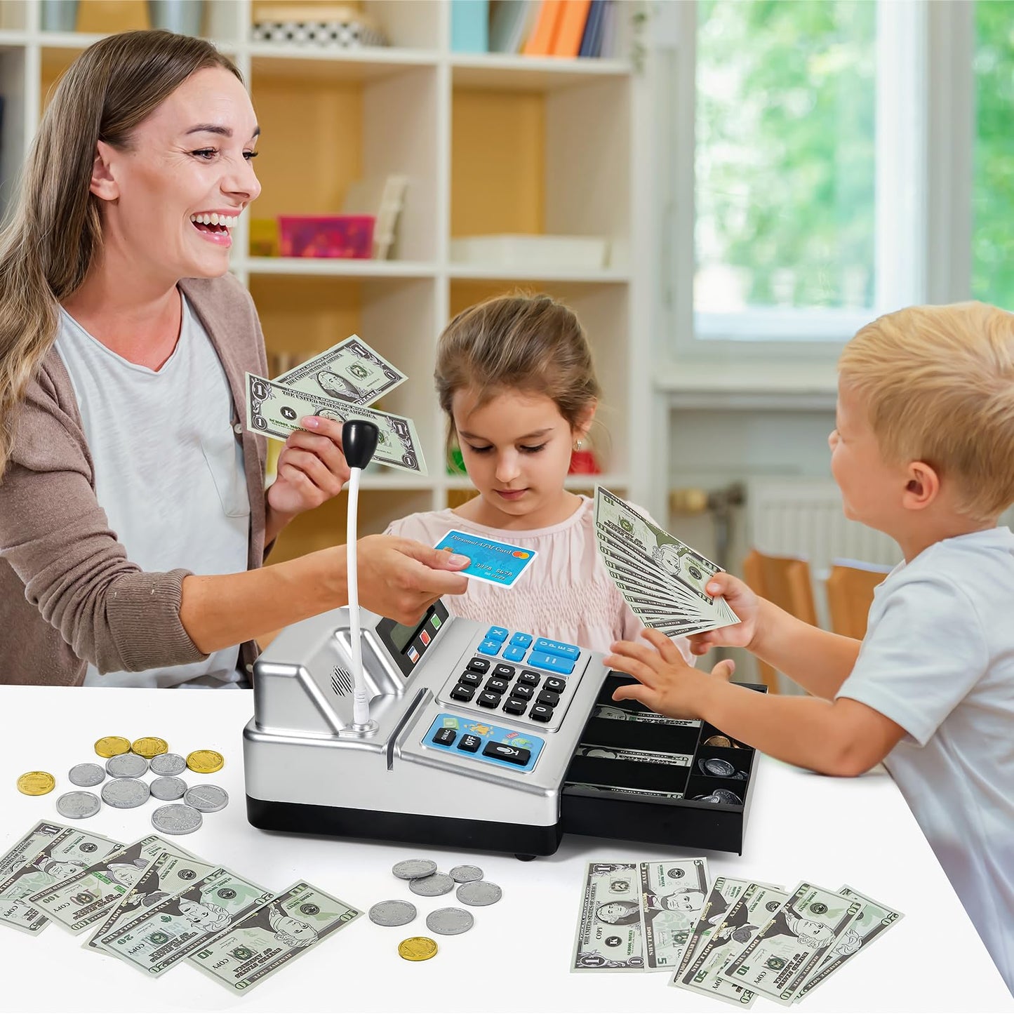 Calculator Cash Register Toy Gift for Kids Age 3, 4, 5, 6, 7, 8+ Year Old, 103 Pcs Pretend Grocery Store Playset with Toy Cash, Microphone, Credit Card, Play Cash Register for Toddlers 4-8, Silvery