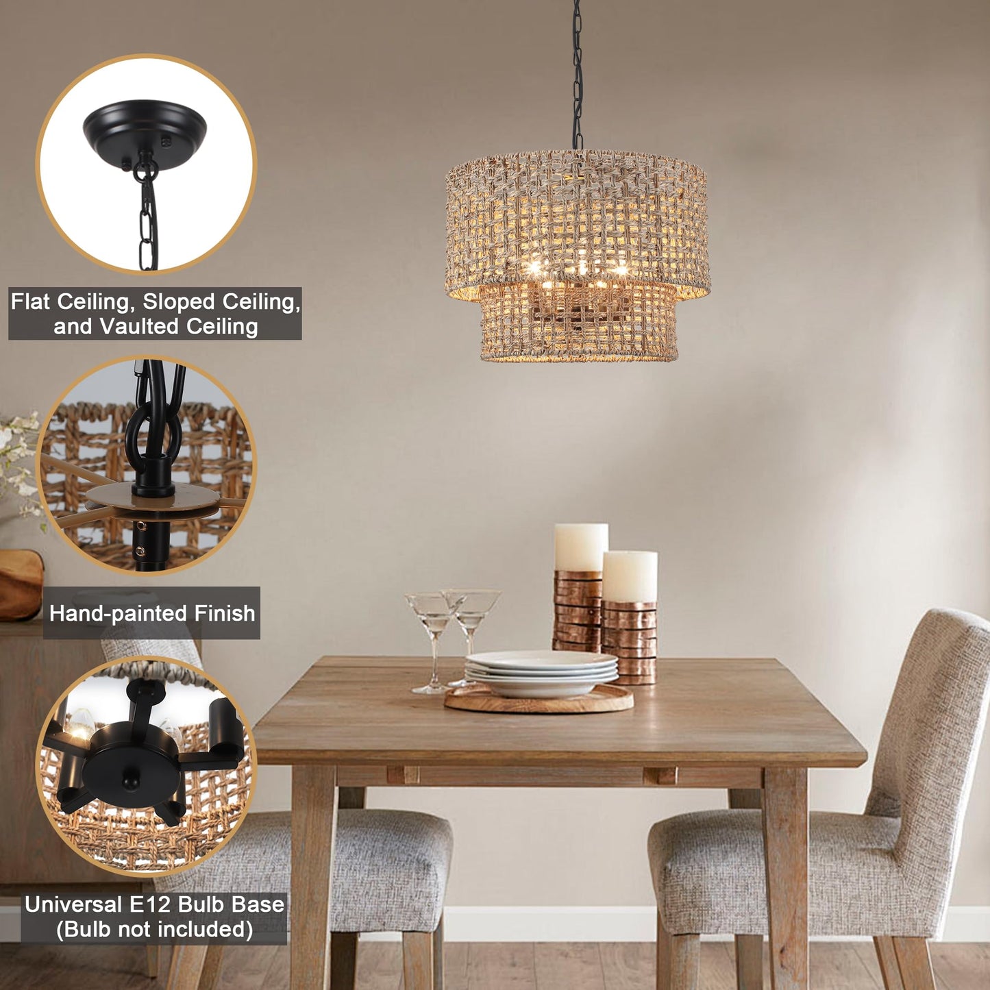18.9" Rattan Farmhouse Chandelier 5-Light Large Boho Wicker Pendant Light Fixtures Hanging Coastal Drum Lighting Hand 2 Tier Woven Chandeliers for Living Room Dining Room Kitchen Island Foyer Entryway