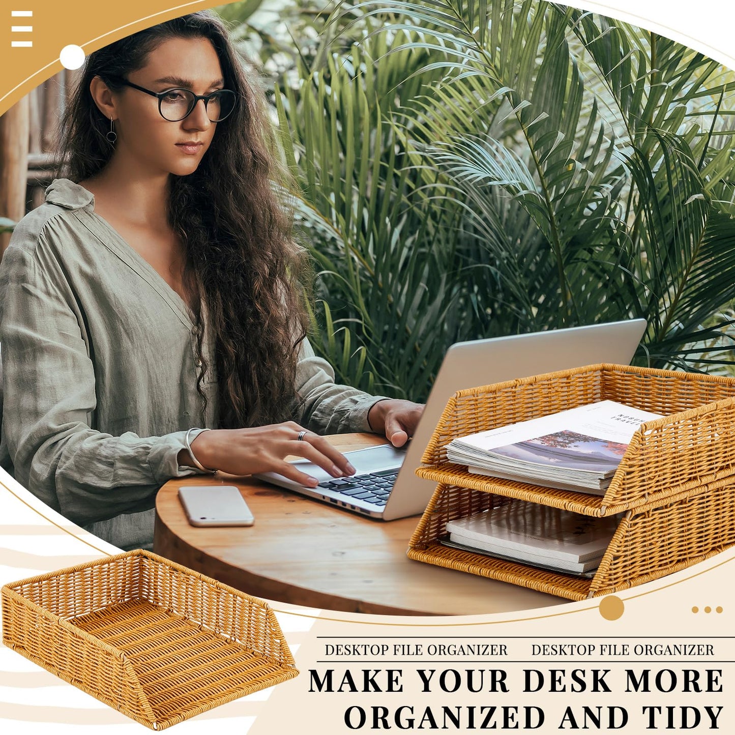 Yeaqee 2 Pcs Paper Tray Organizer for Desk Woven Letter File Organizer A4 File Tray Desk Paper Basket Letter Size Imitation Rattan Holder Organization Rack for Office Storage(Brown,Sleek Style)