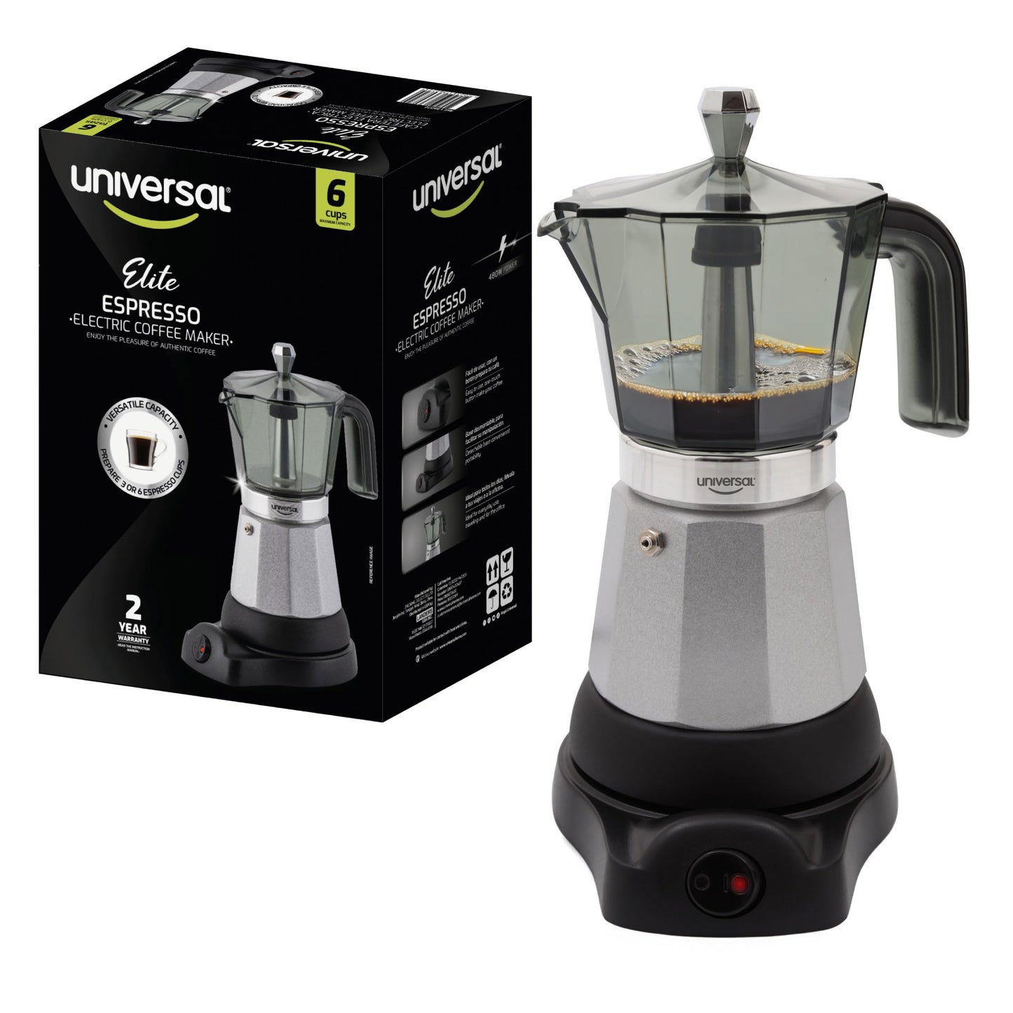 universal Electric Moka Pot 6 Cup (300ml), Cuban Coffee Maker 480W, Portable Espresso Maker with Detachable Base, Easy One-Touch Brewing, No Stove Needed