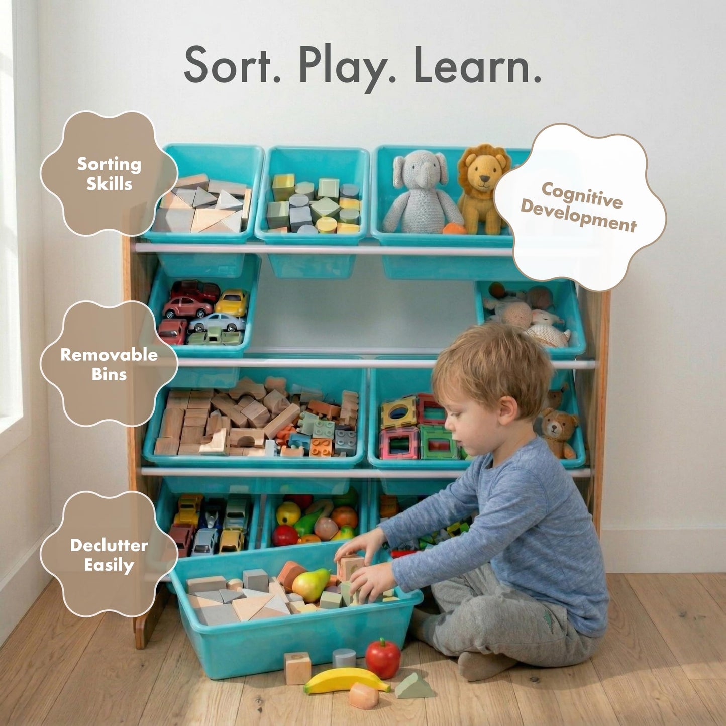 Humble Crew Toy Storage Organizer with 12 Removable Storage Bins for Kids Playroom, 4-Tier Toddler Toy Organization, Natural Wood/Aqua