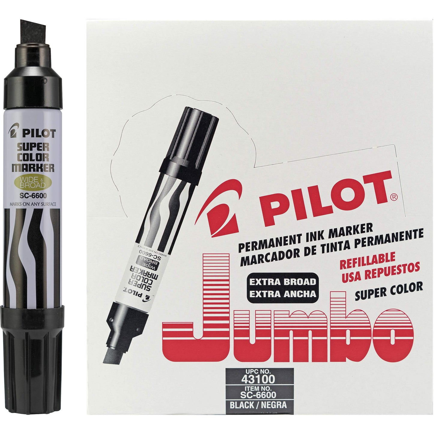 Pilot Super Color Jumbo Refillable Permanent Markers, Black Ink, Jumbo Permanent Markers, 12-Pack