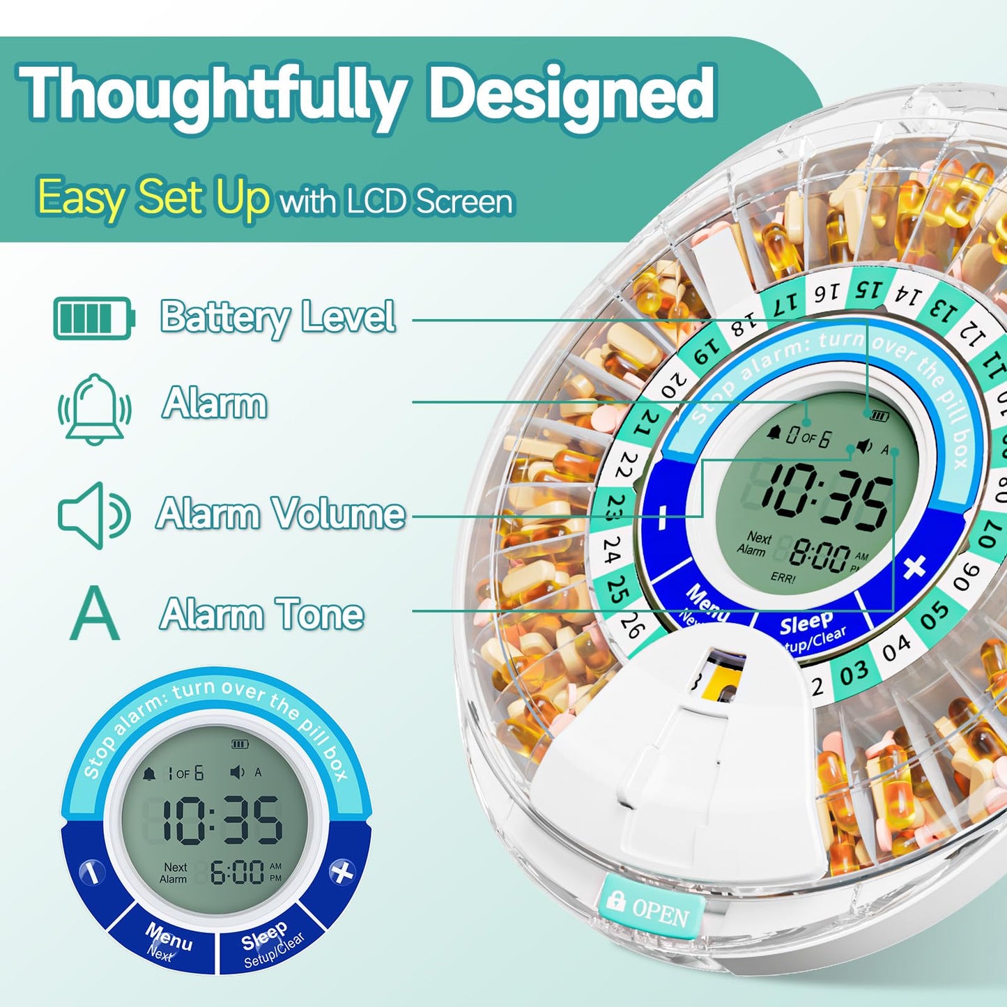 Windtrace Automatic Pill Dispenser for Elderly, Electronic Monthly Pill Organizer with Alarm & Light, 28 Day Smart Lock Medication Dispenser, Timed Pill Dispenser Machine for Prescriptions & Vitamins