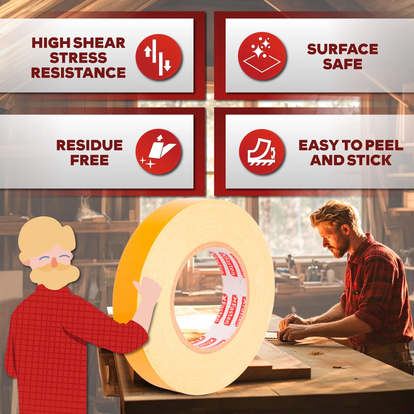 XFasten Double Sided Woodworking Tape, 1 Inch x 108 ft (6-Pack, 648 ft Total), Residue-Free, Heavy Duty, Wood-Safe Double Sided Tape for Router Templates, CNC Machines, and Woodworking Tools