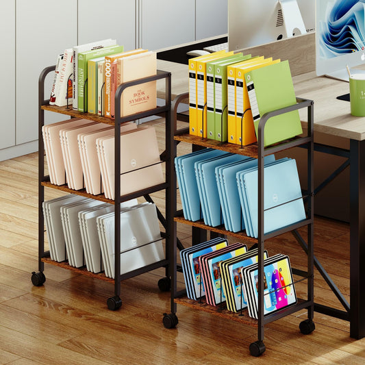 Feyejade Rolling Book Cart with Removable Dividers, 3-Tier File Cart with Wheels, Utility Storage Rack for Office, Home, Classroom, Art Supply Organizer, Binder and Laptop Shelf Rack