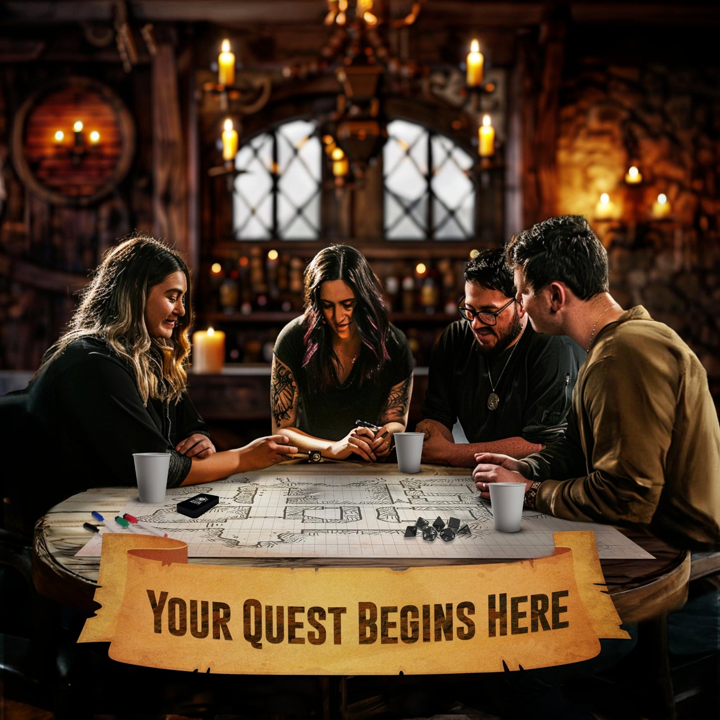 Melee Mats DND Map Starter Kit for Dungeons & Dragons Game - 35” x 48", Wet/Dry Erase Battle Terrain Grid - Ultimate Tabletop Gaming Experience with Accessories