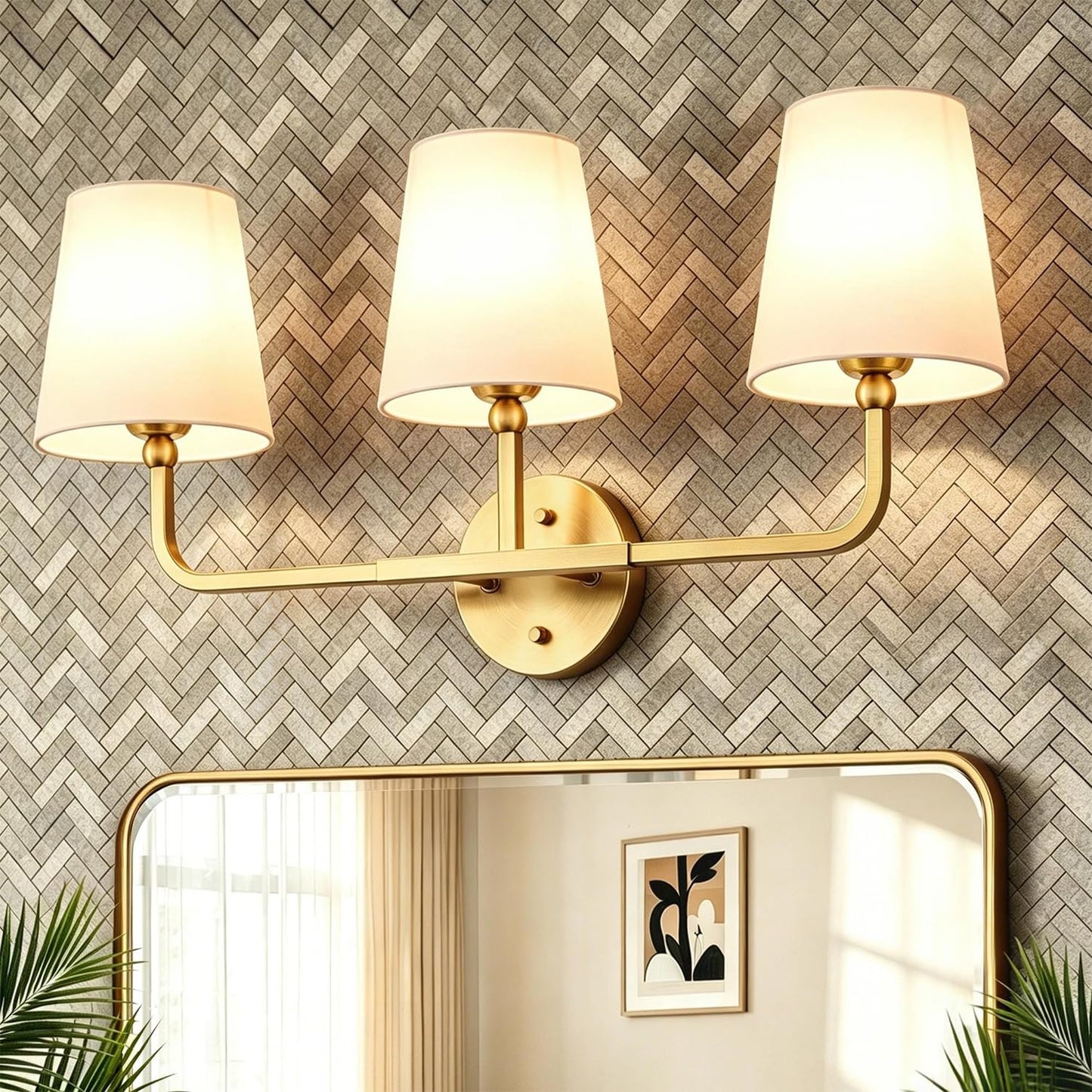 MOKATNG Bathroom Light Fixtures, 3-Light Brushed Gold Vanity Lights, Bathroom Lighting Fixtures Over Mirror with Flared White Fabric Shade, Modern Wall Sconces for Living Room Hallway
