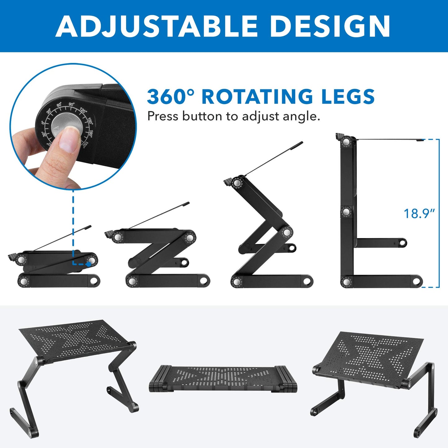 Mount-It! Adjustable Laptop Stand & Lap Desk, Freestanding Sit-Stand Laptop Tray for Bed, Couch, Desk & Floor, 22 lb Capacity, 1.6–18.9” Height, Ventilated Aluminum, Ships Fully Assembled
