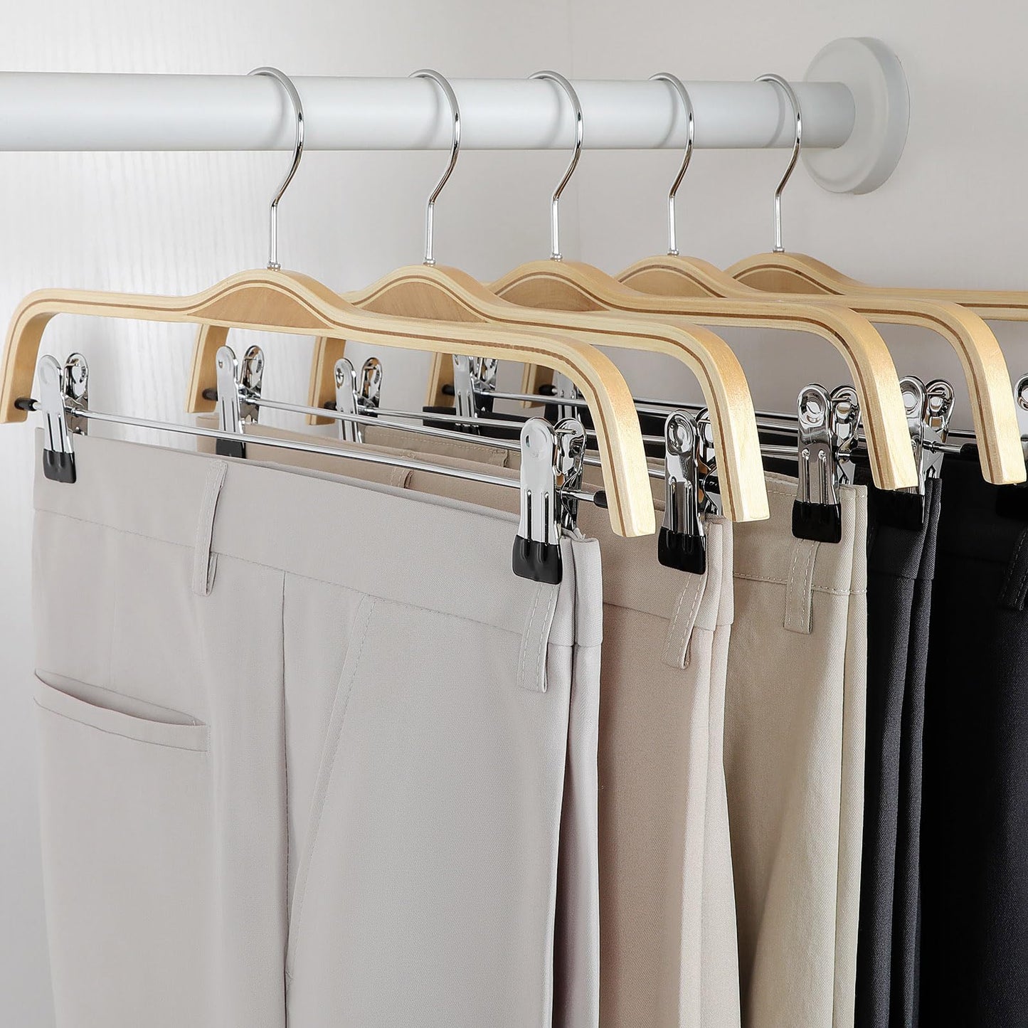 TOPIA HANGER Wooden Pants Hangers,Slim Natural Wood Skirt Hangers with Anti-Rust Hook and Adjustable Metal Clips, Perfect for Skirts, Pants, Slacks-20 Pack-CT17N20