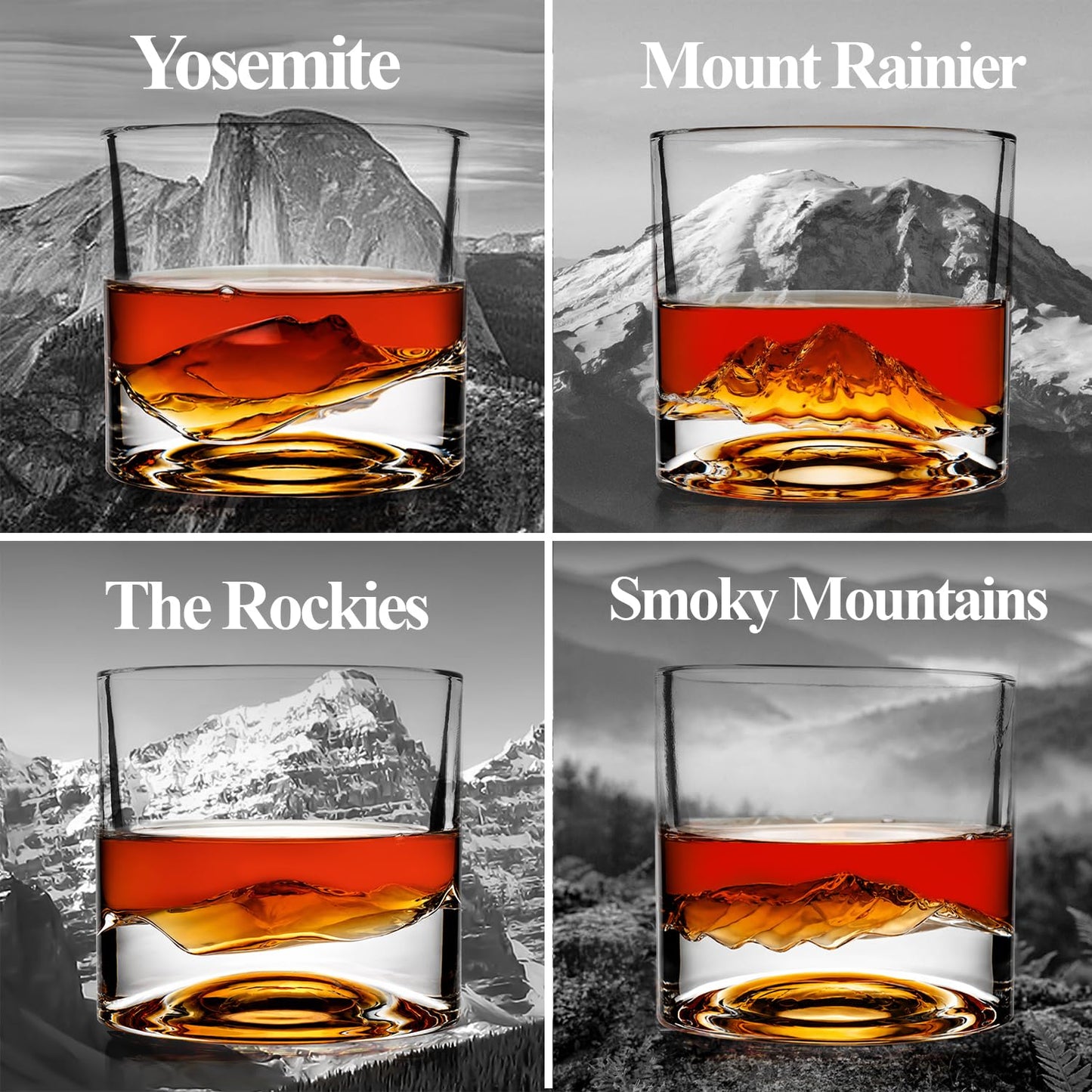 LIITON Fathers Day Whiskey Glasses for Dad, American Peaks Set of 4, Thick Heavy Crystal 3D Mountain Bourbon & Cocktail Glasses, Chills 18 Seconds Without Ice, 10 oz